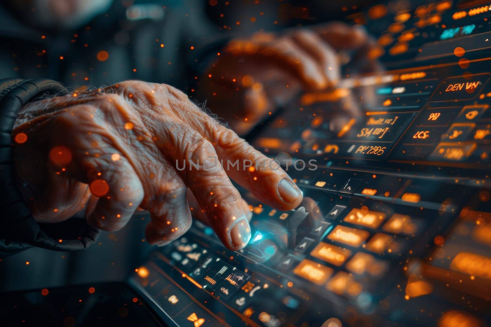 An older man is using a tablet with a finger, and the image has a futuristic, technological feel to it