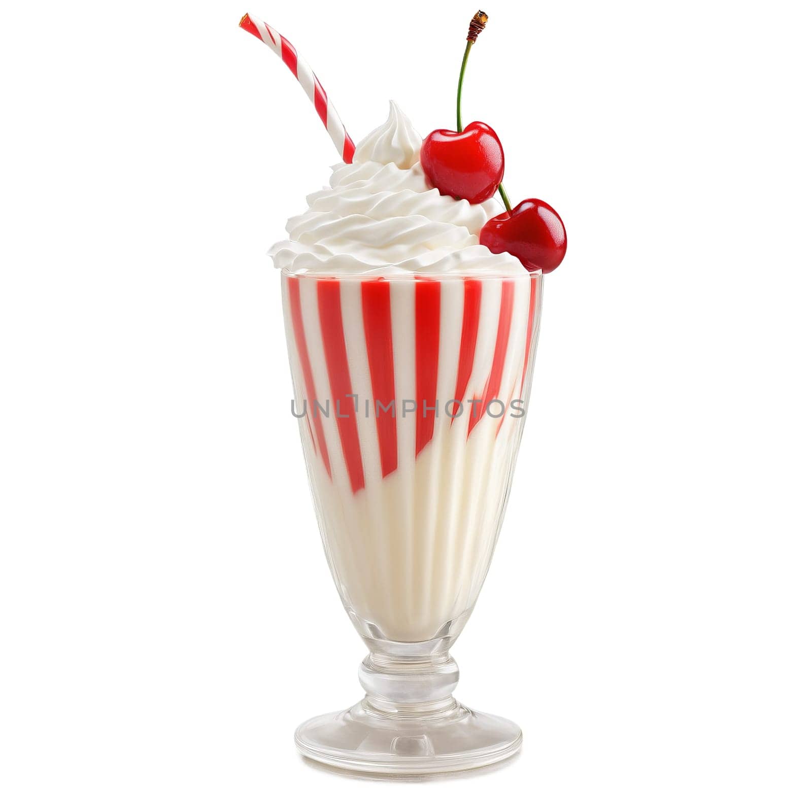 Vanilla Cream Swirl Milkshake whipped cream topping maraschino cherry striped straw isolated on transparent Summer by panophotograph