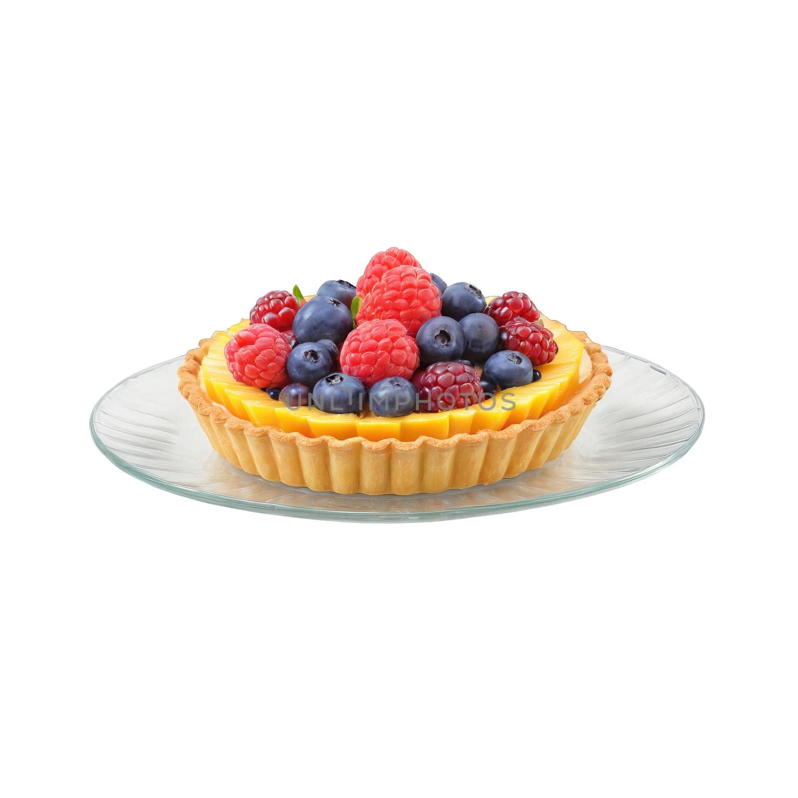 Fruit tart with a pastry crust custard filling and assorted fruits on a clear plate by panophotograph