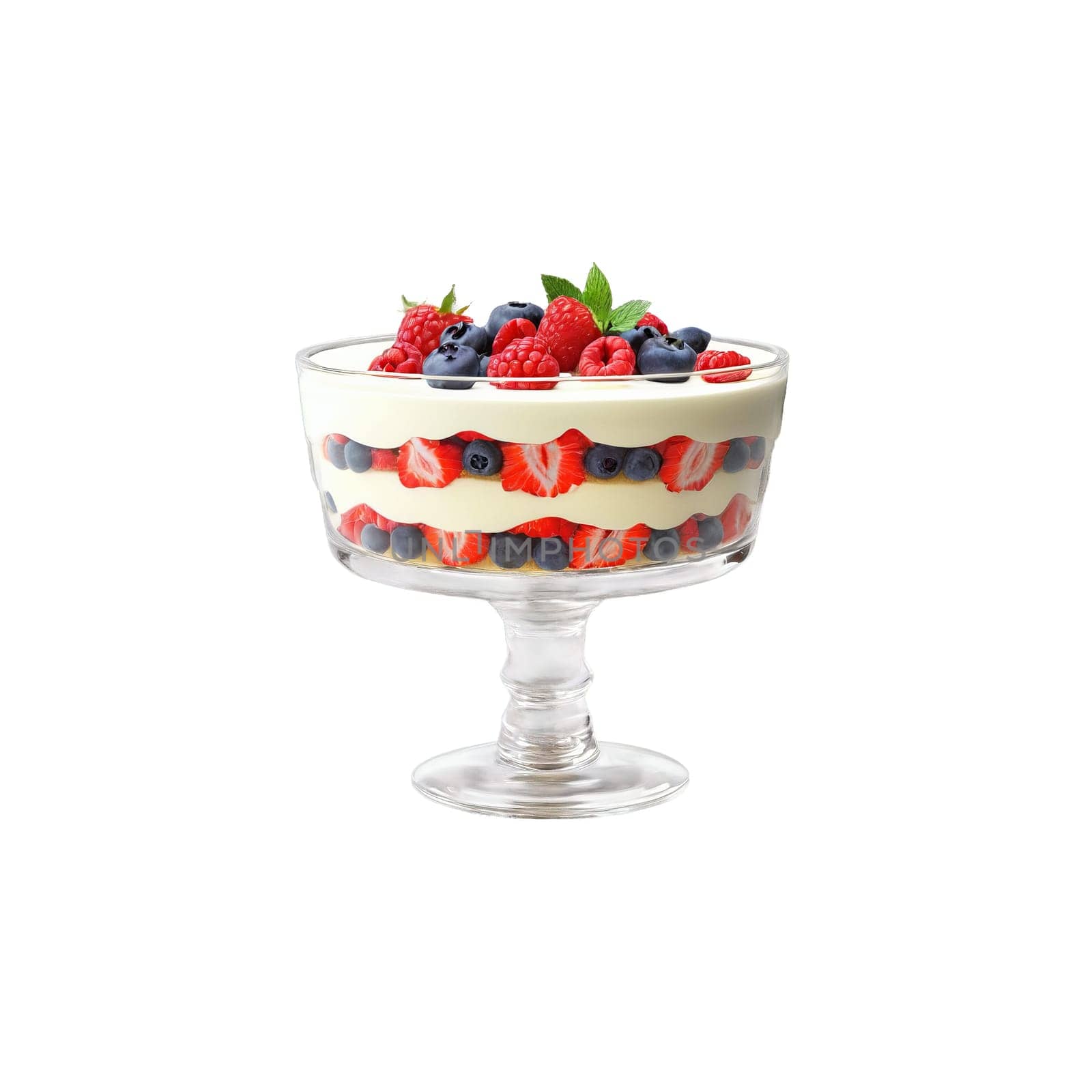 Summer berry trifle with layers of sponge cake custard and mixed berries in a clear by panophotograph