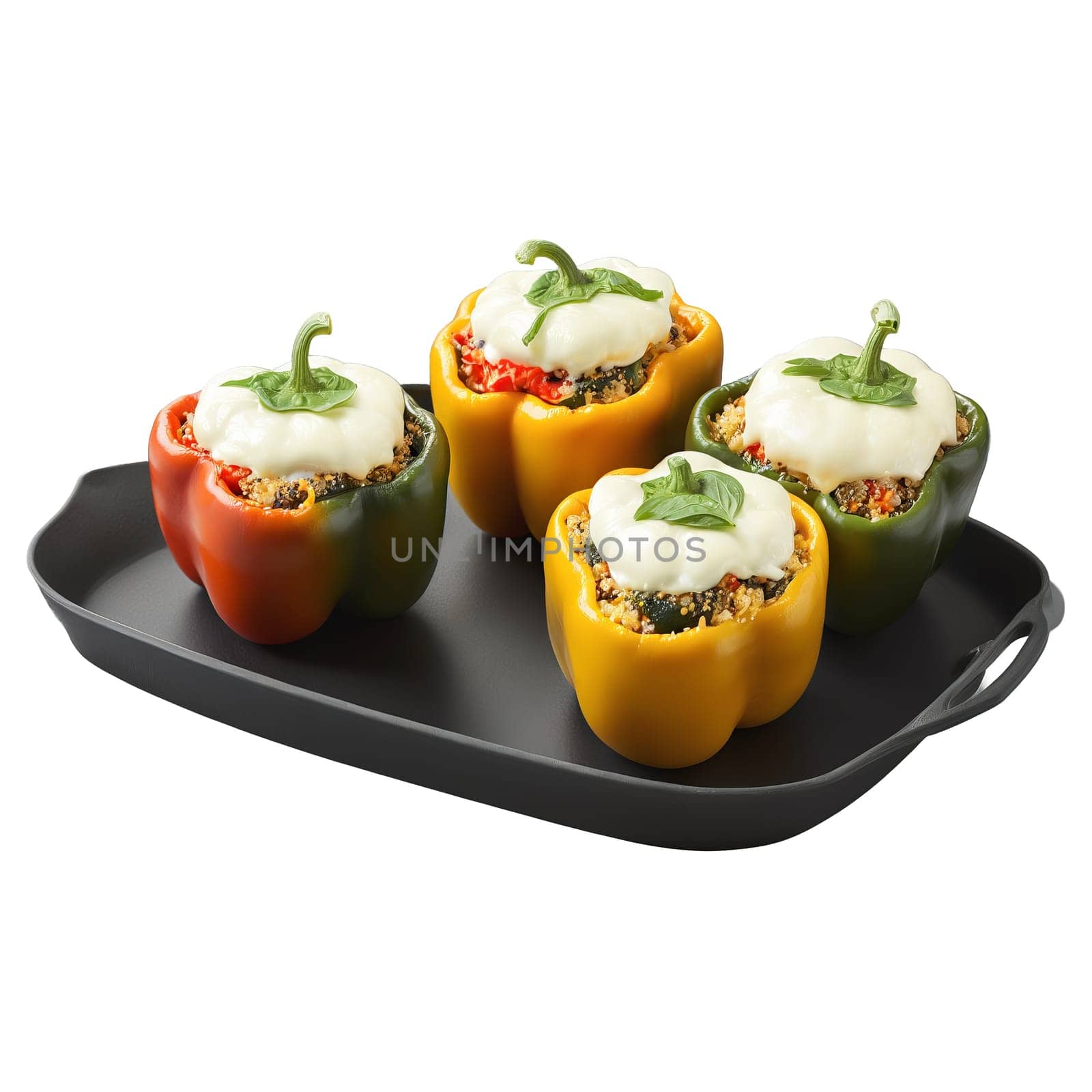 Grilled vegetable and quinoa stuffed bell peppers with melted mozzarella cheese on top Summer food by panophotograph