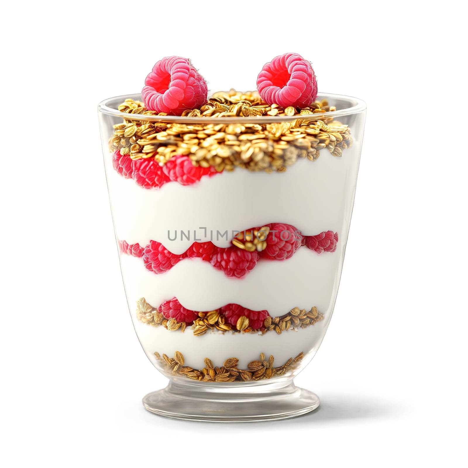 Breakfast yogurt parfait with layers of Greek yogurt granola and fresh raspberries by panophotograph