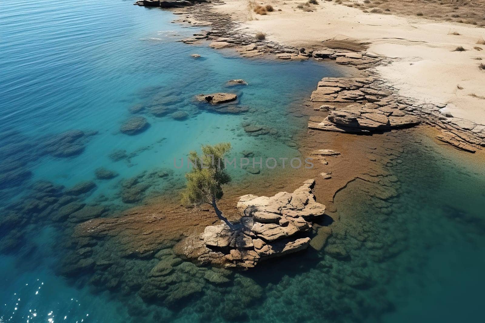 A tree on a small rocky island in the water.
