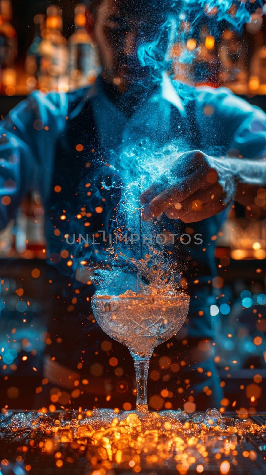 A bartender is pouring a drink into a glass with a blue flame by itchaznong