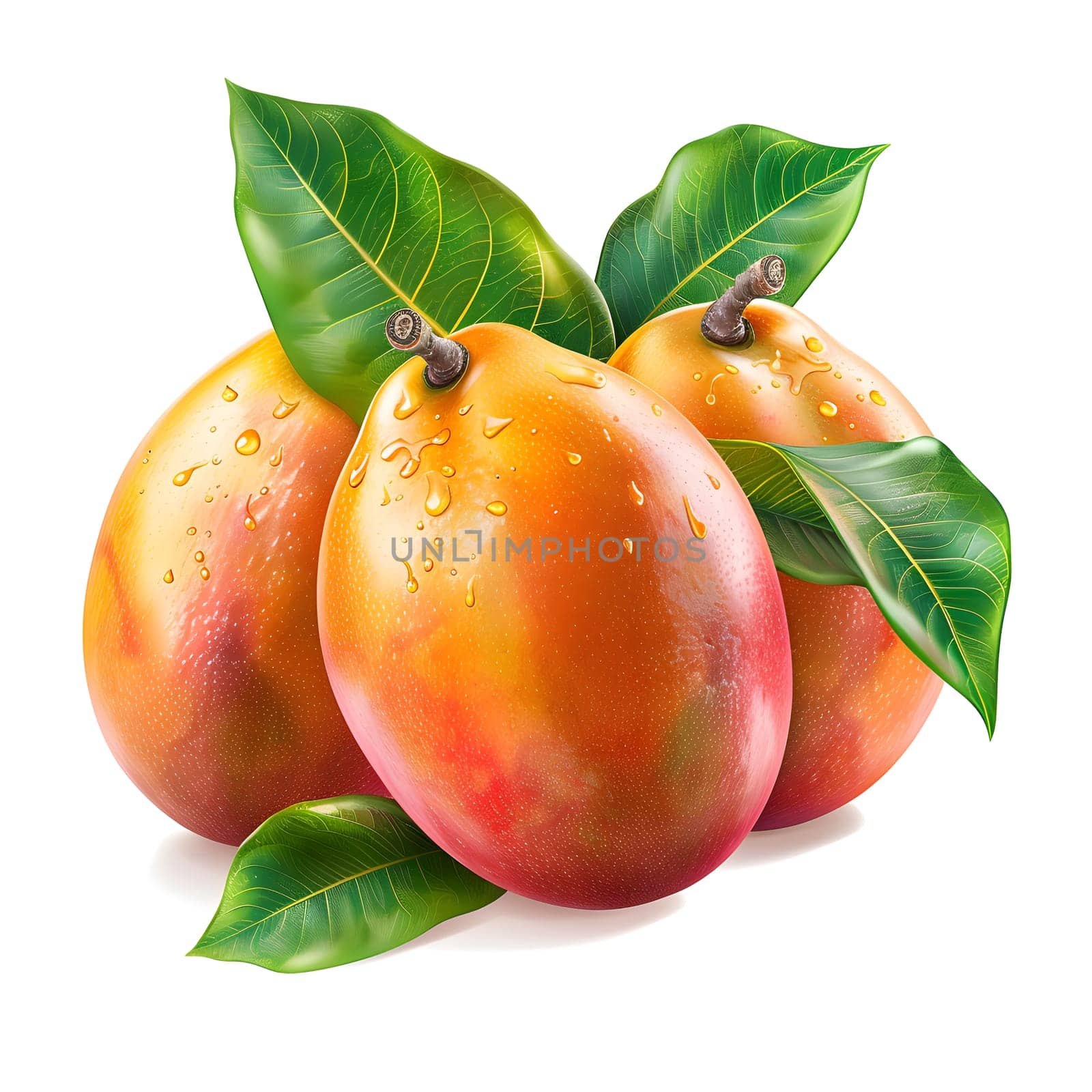 Three ripe mangoes with vibrant green leaves, set on a clean white background. These tropical fruits are essential ingredients in many cuisines and popular as natural, staple foods
