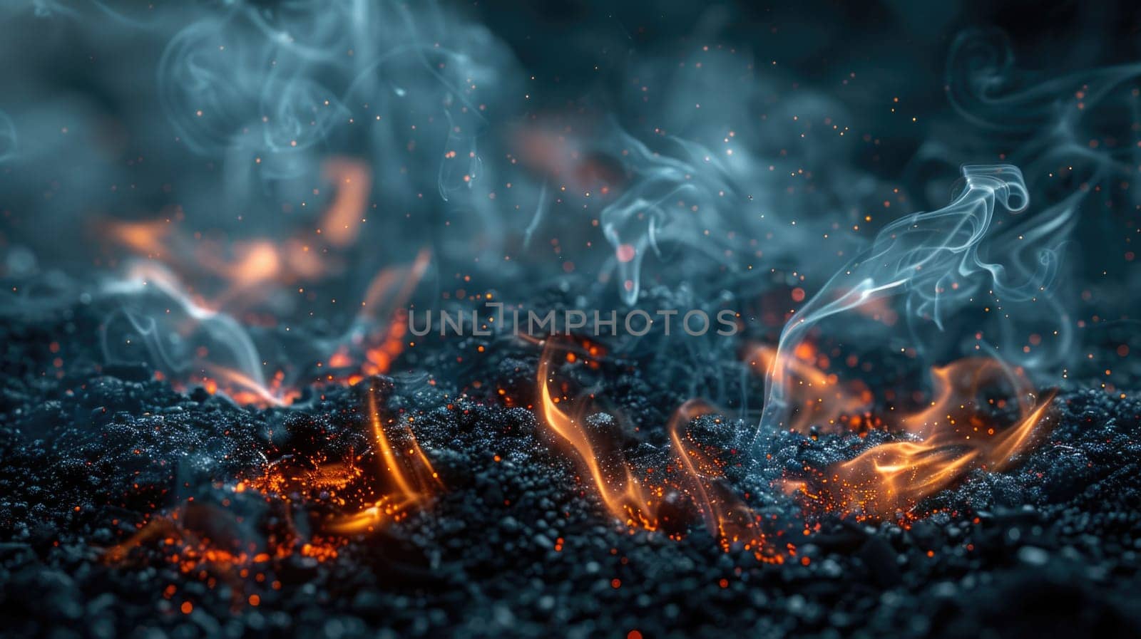 A detailed view of flickering flames and billowing smoke against a black backdrop.