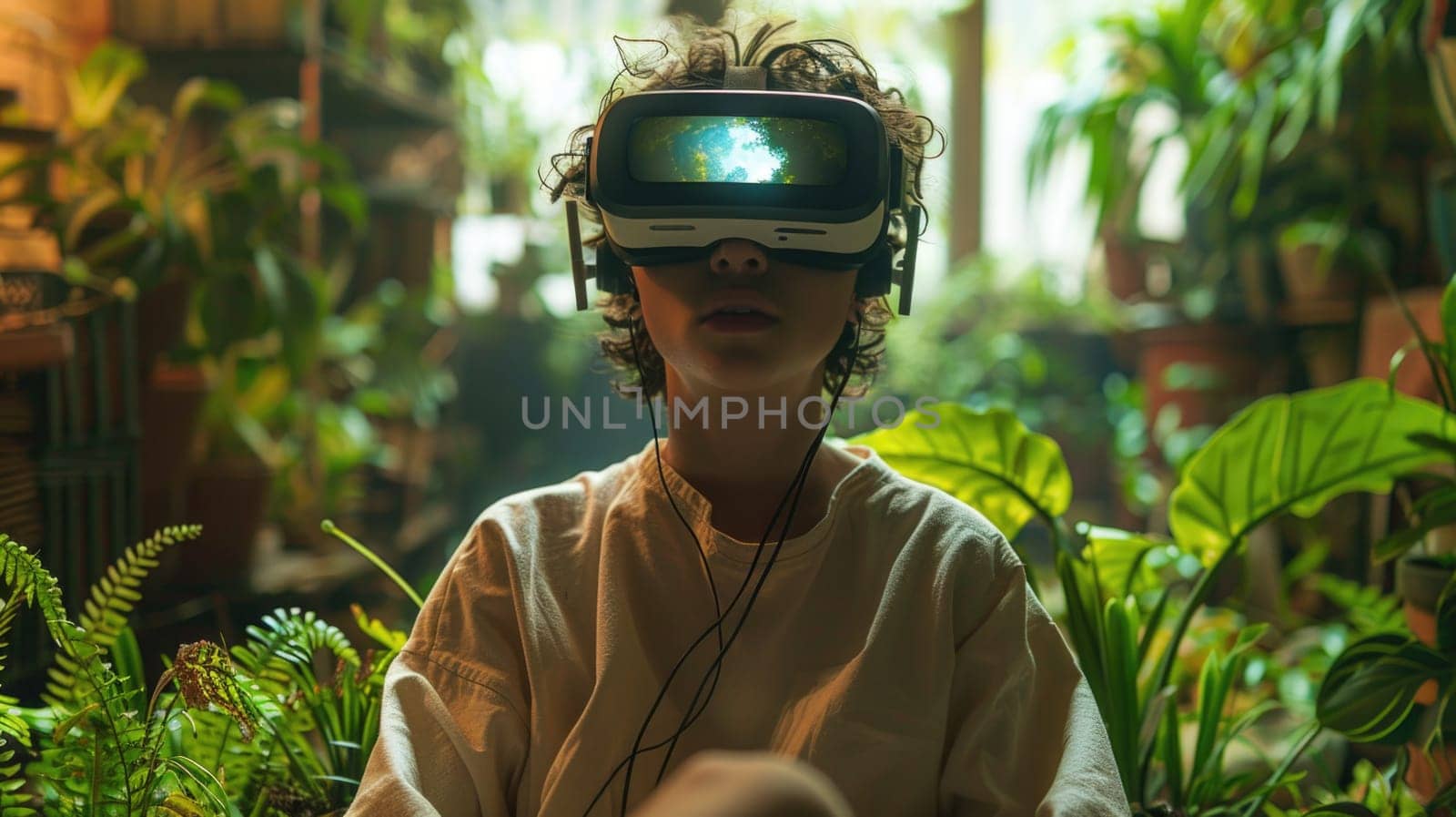 A woman immersing herself in virtual reality while being surrounded by a variety of plants in a room.