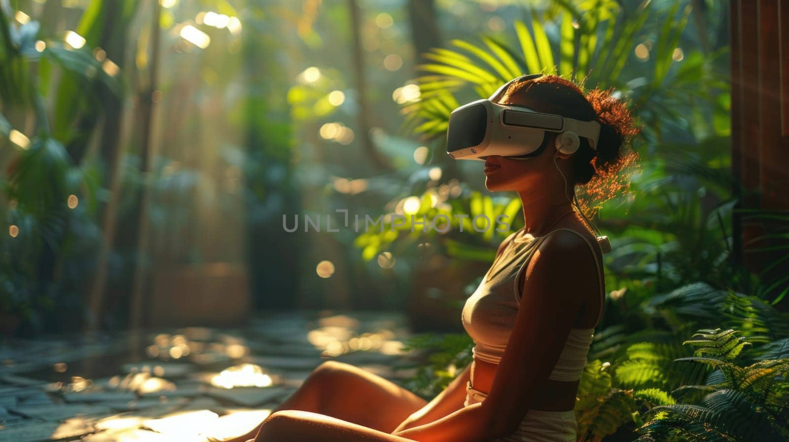 A woman wearing a virtual reality headset sits among towering trees in a forest, engaging with a virtual world.