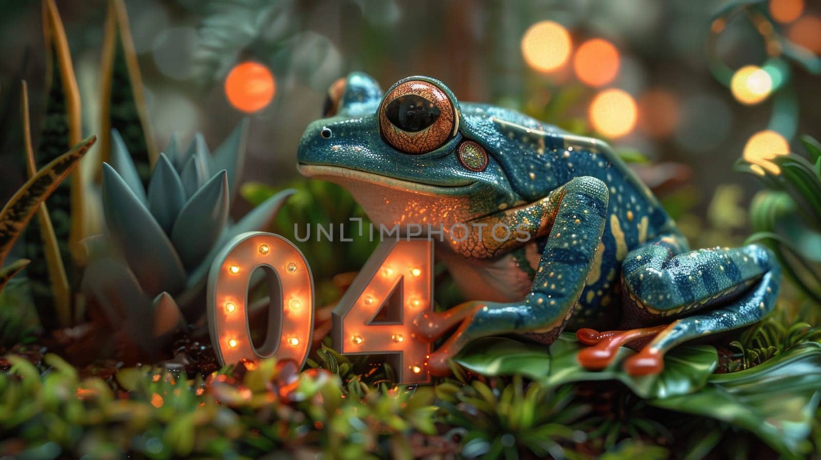 A blue frog sits on top of a number forty, showcasing an intriguing combination of colors and objects.