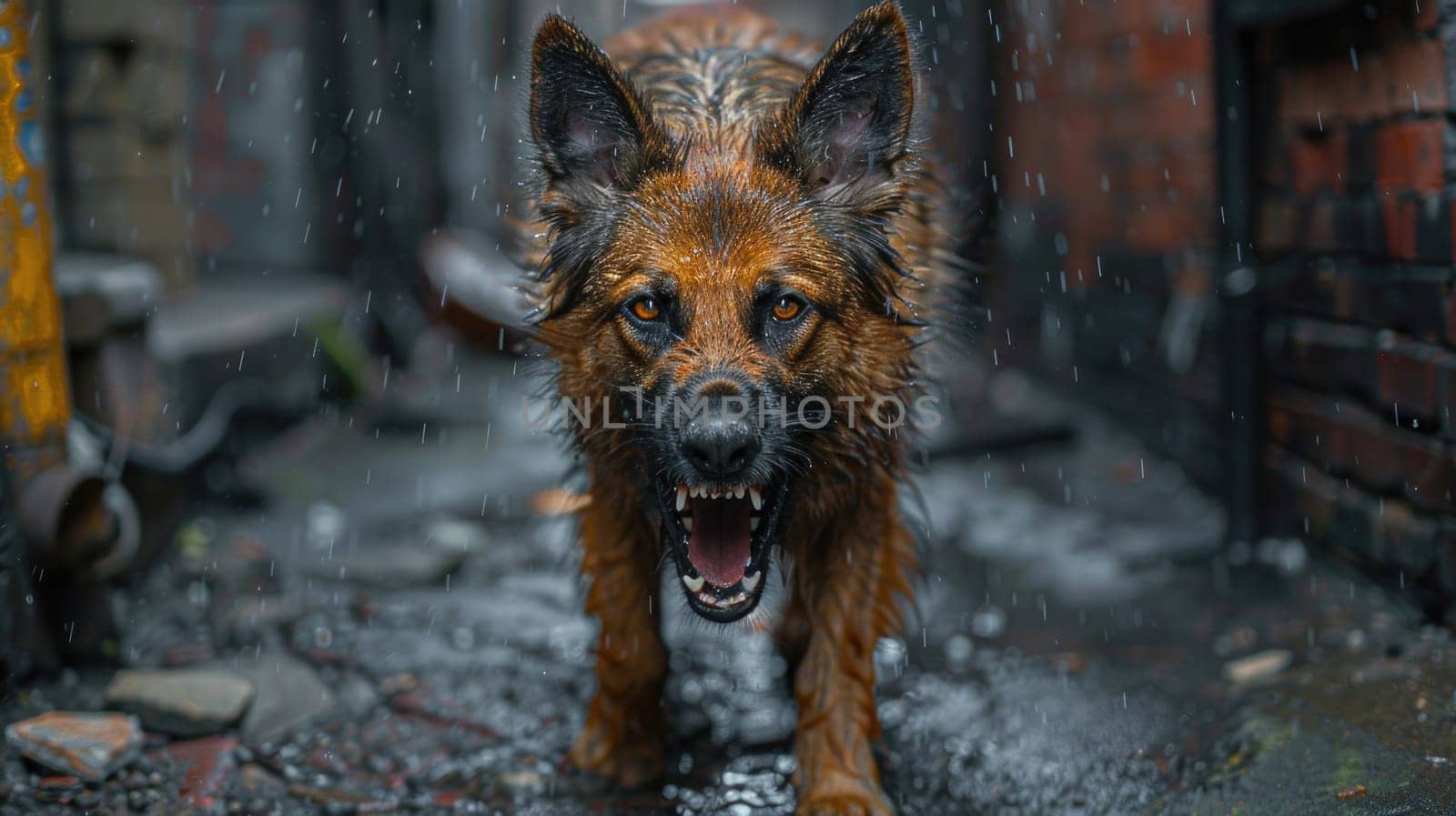 Dog Standing in Rain With Mouth Open. Generative AI. by but_photo
