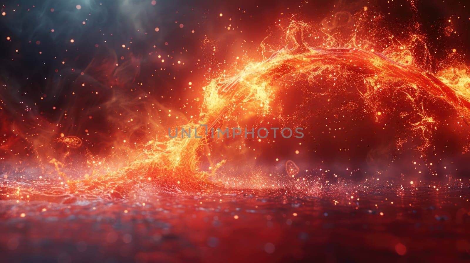 An intense fireball bursts in the center of a deep dark backdrop, filling the frame with its radiant glow.