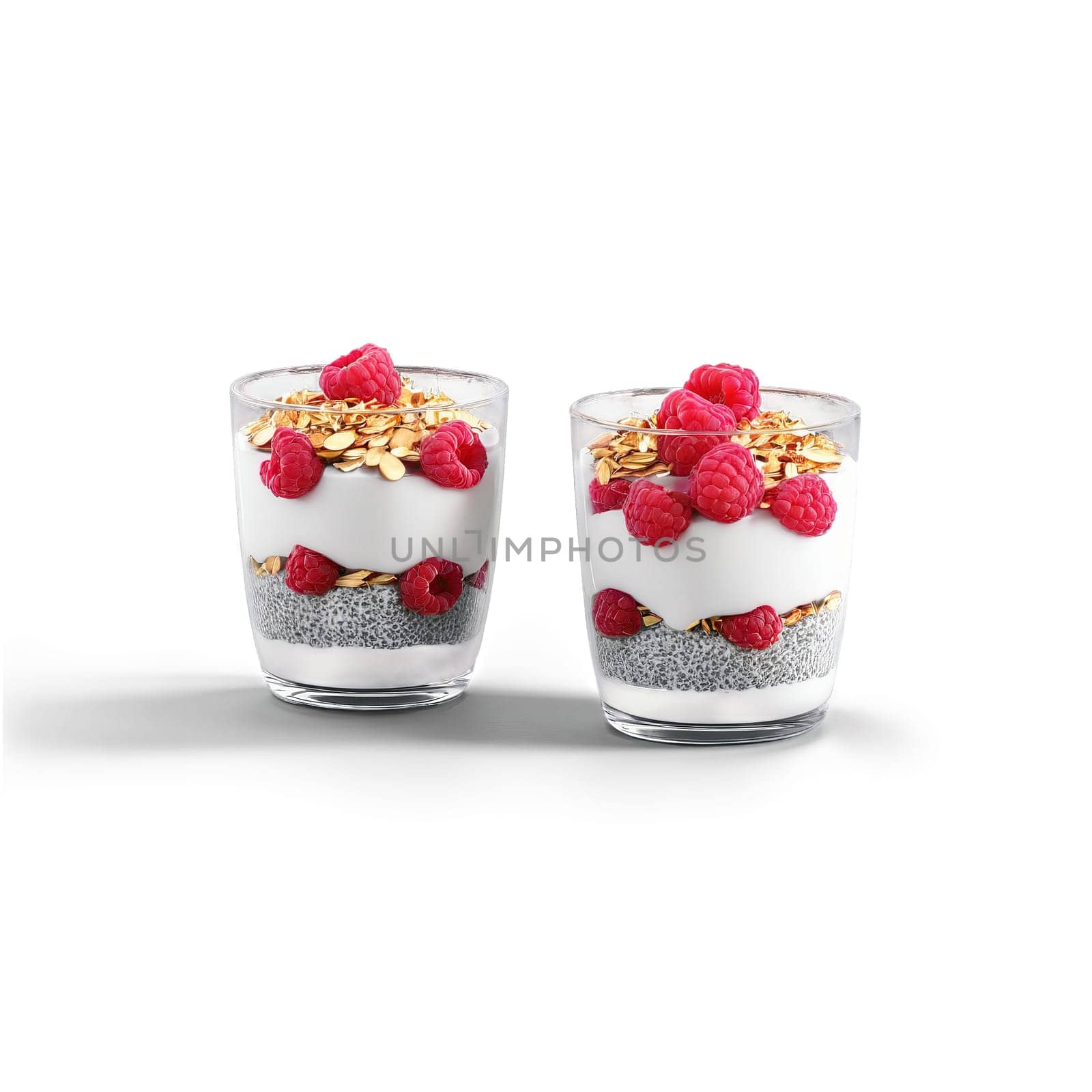 Breakfast parfait with layers of chia pudding vanilla yogurt and fresh raspberries by panophotograph