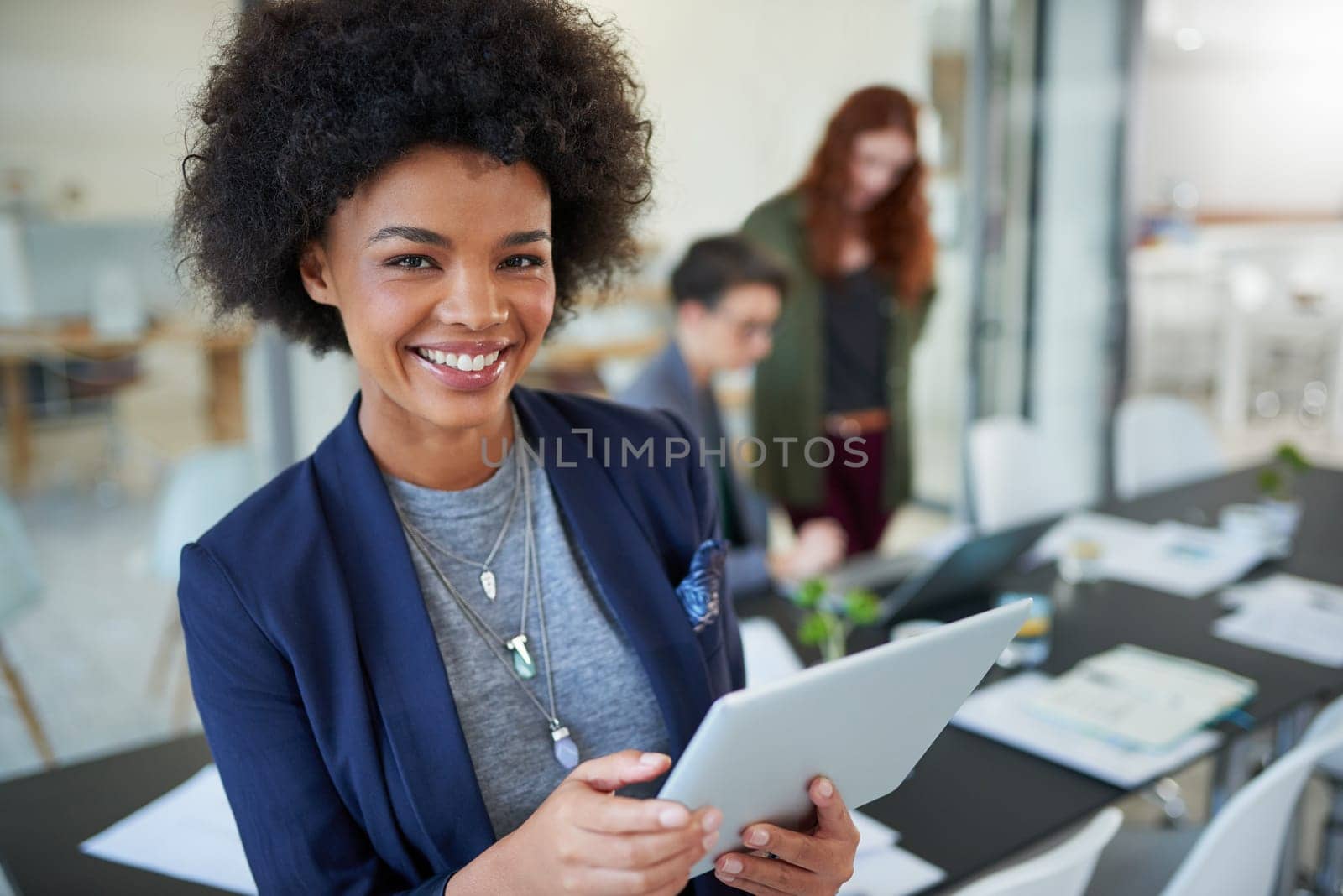 Business, woman and portrait with tablet in office or smile for creative research, schedule and planning. Entrepreneur, boardroom and online article for digital project, communication and web search.