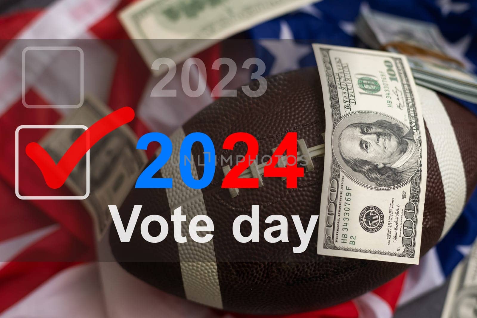 2024 presidential election year in United States as illustration template on blue background wall with reflection. High quality photo