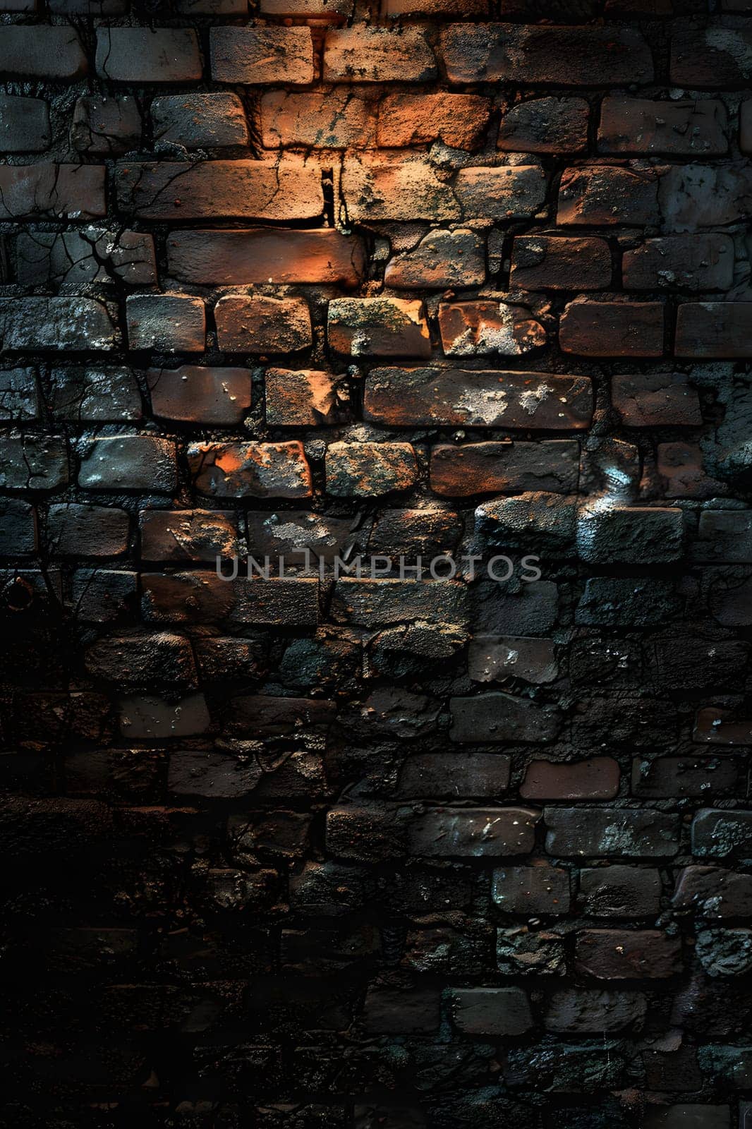 A brown brick wall illuminated by a bright light, highlighting the woodlike texture of the brickwork with tints and shades of darkness