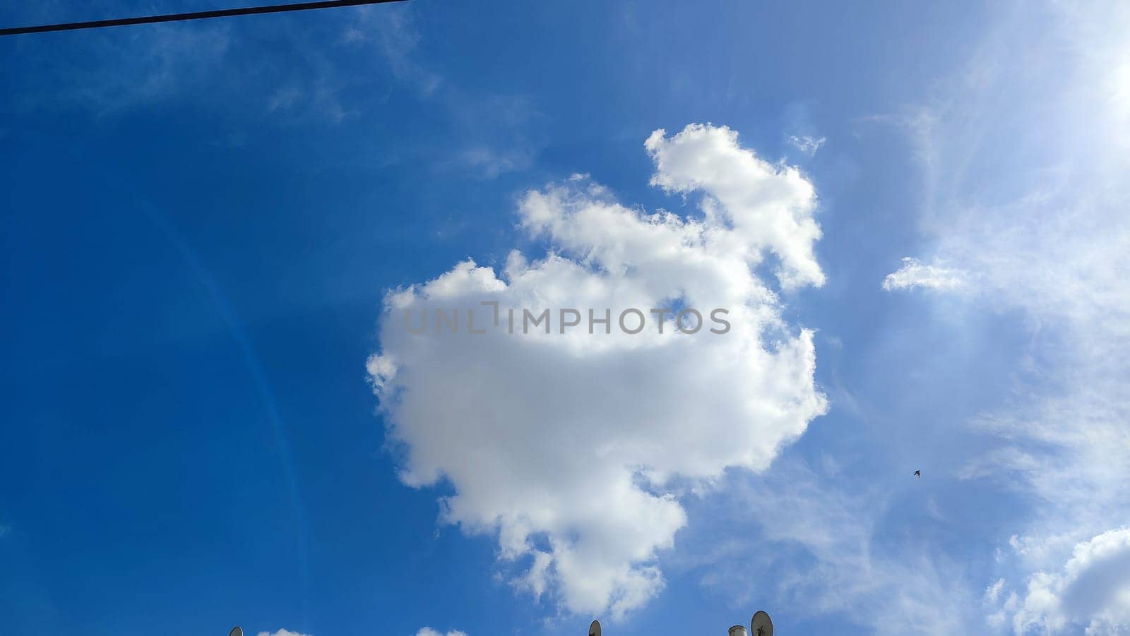 blue sky, white clouds background spring nature weather atmosphere. High quality photo