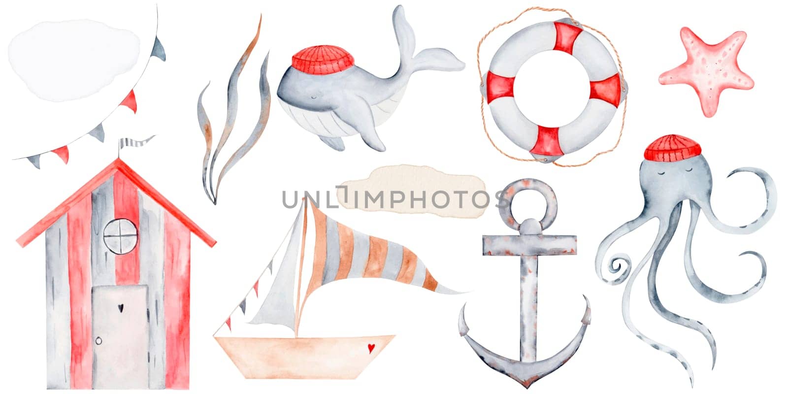 Marine cartoon watercolor set. Hand drawn drawings of nautical creatures and objects. House, octopus, flags, whale, seaweed, boat with sail, lifebuoy and starfish. Clip art in soft pastel colors on an isolated white background. For invitations and cards for baby shower and birthday