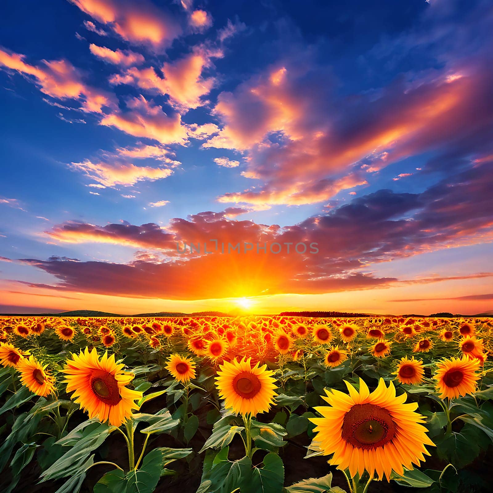 Sunflower Field Bathed in the Warm Glow of the Evening by Petrichor