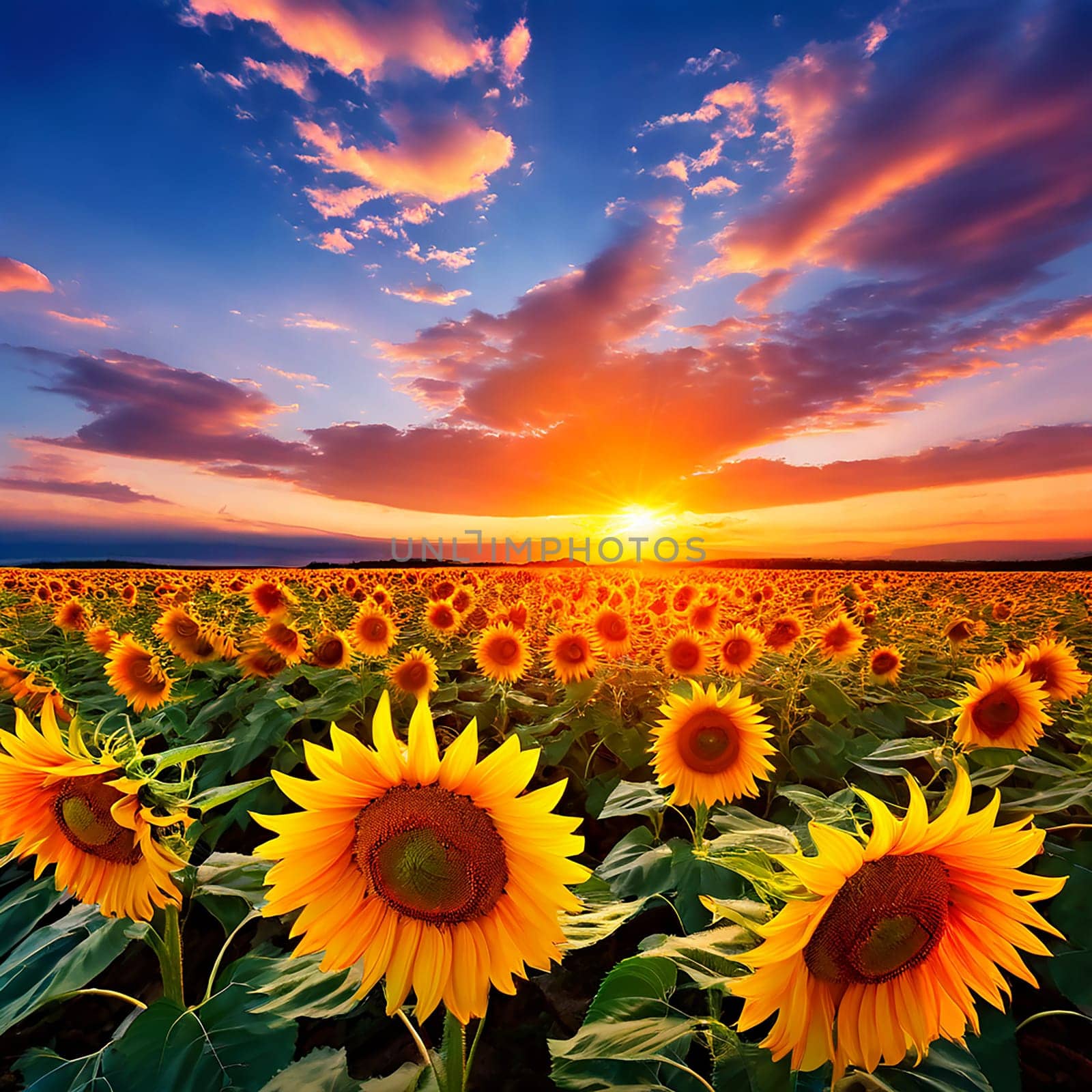Stunning Sunset Over a Vast Sunflower Field by Petrichor