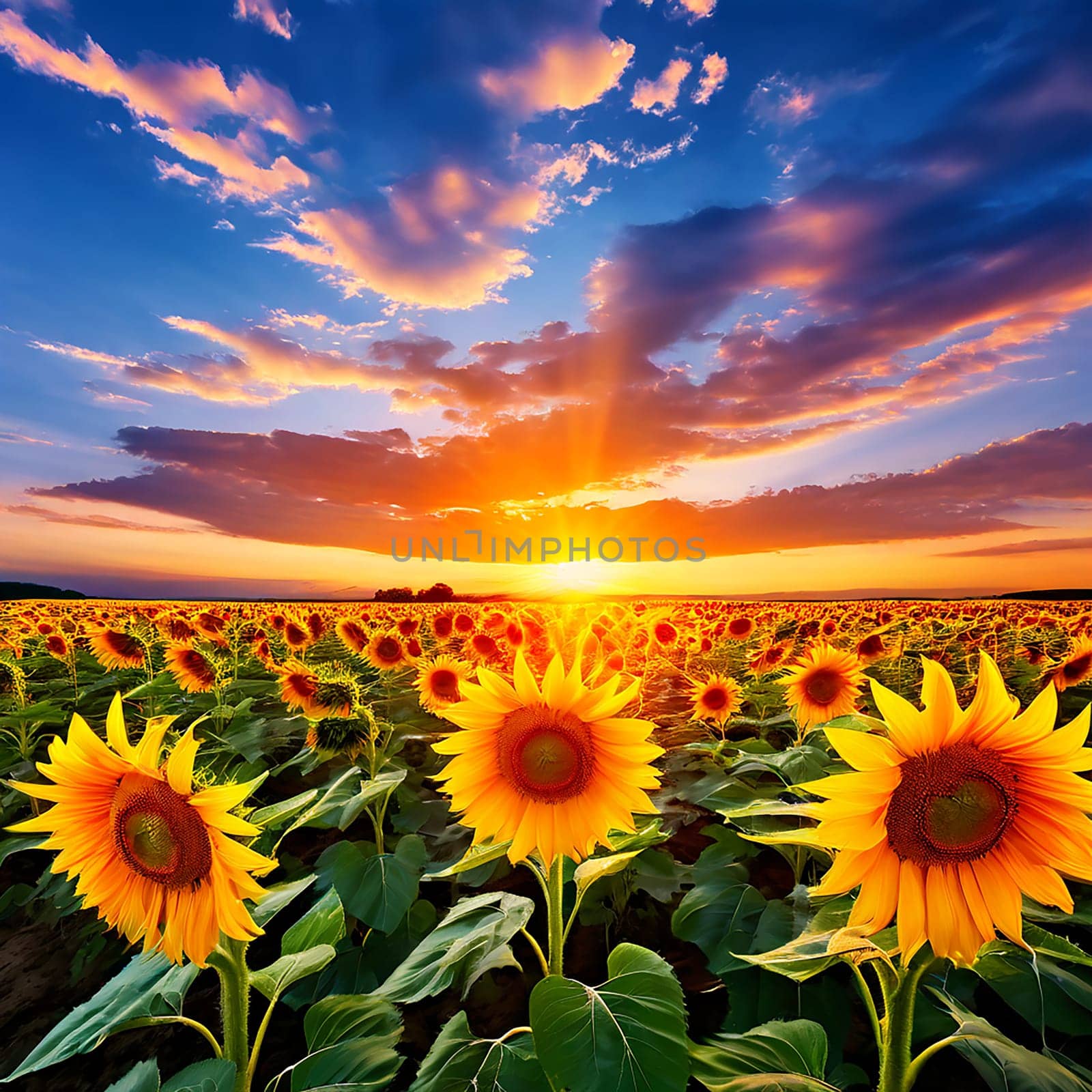 Sunflower Field Embraced by the Colors of the Setting Sun by Petrichor