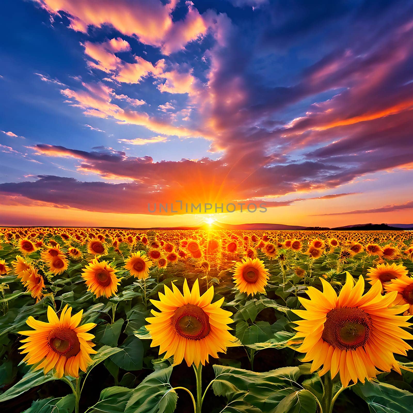 Sunflower Field Glistening in the Sunset by Petrichor
