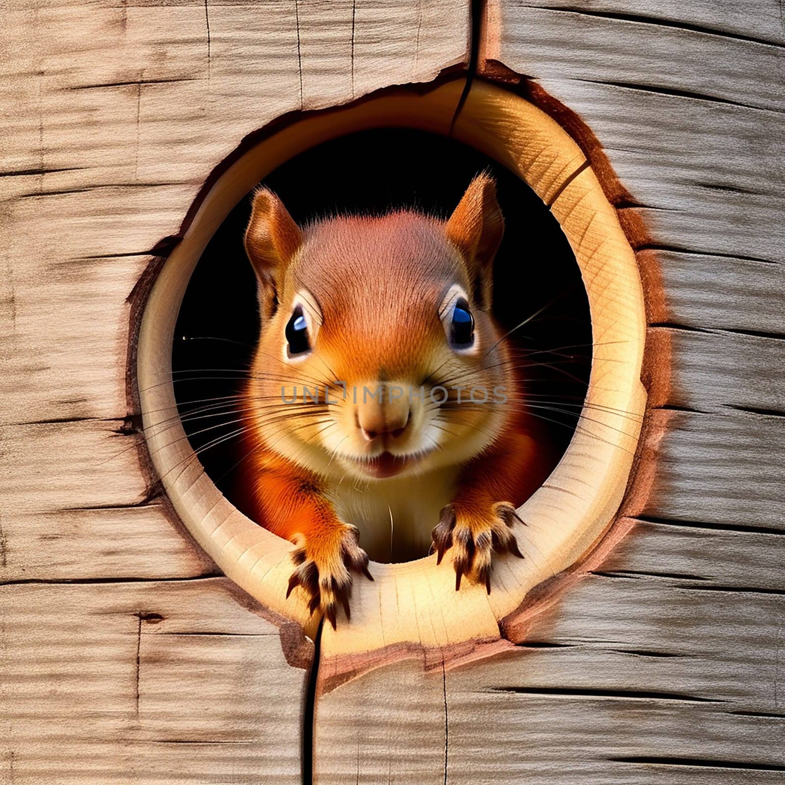 Baby Red Squirrel Peeking Out of Wood Hole
