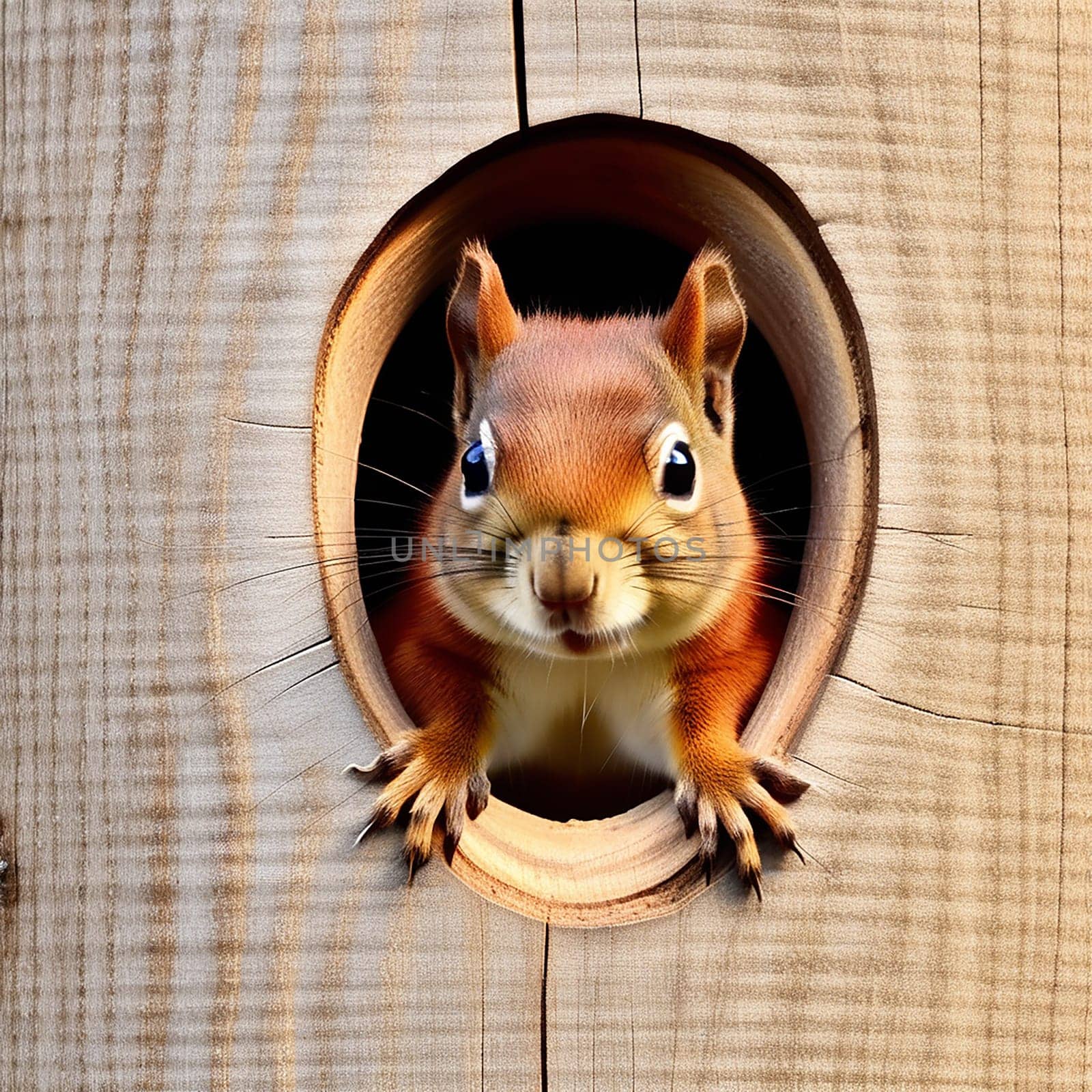 Baby Red Squirrel Peeking Out of Wood Hole by Petrichor