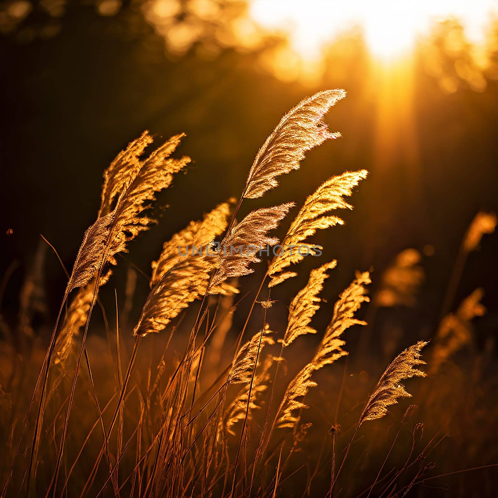 Golden Bliss: Warm Sunlight Illuminating the Blowing Wildgrass