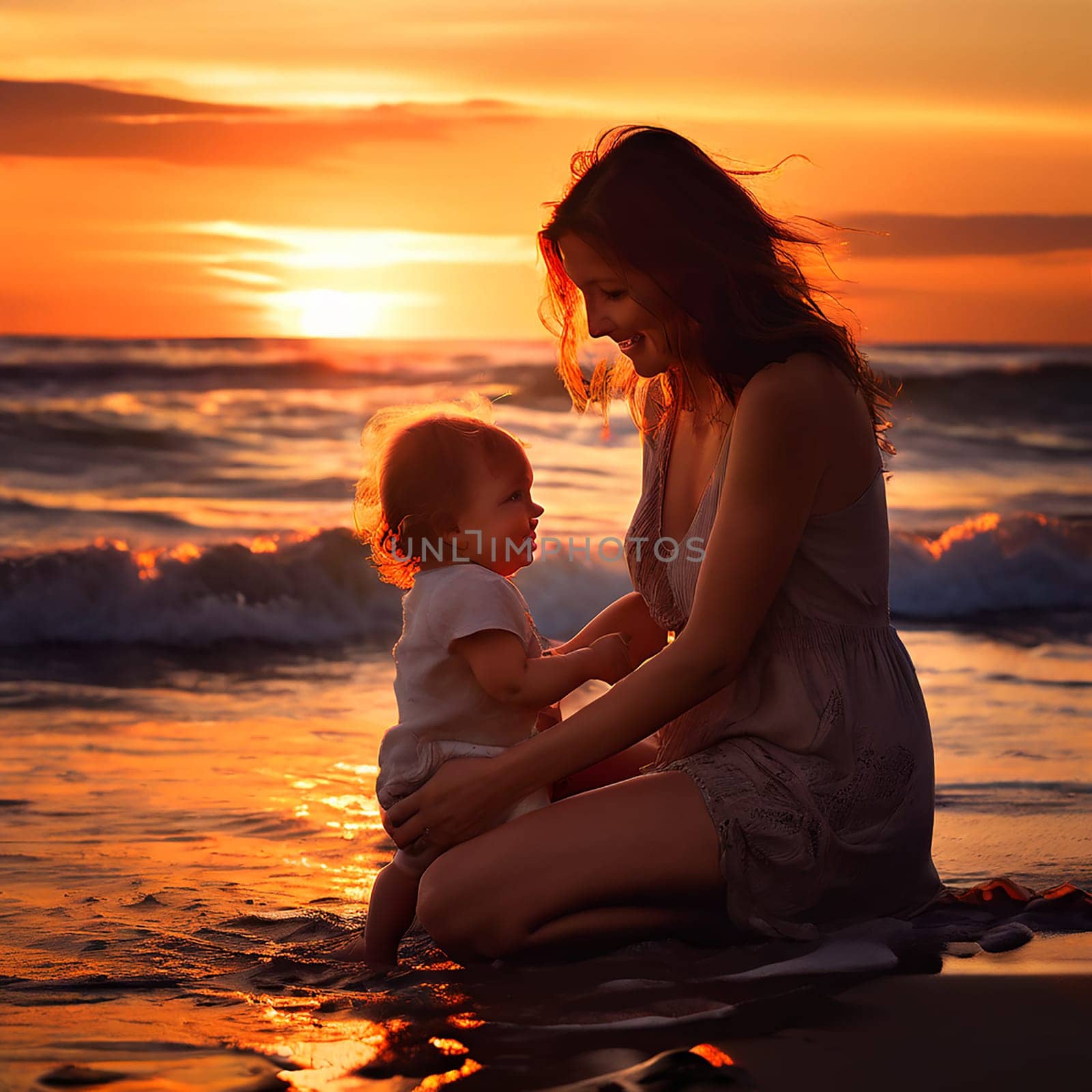 Woman at the Beach with Her Baby, Immersed in the Beauty of a Sunset by Petrichor