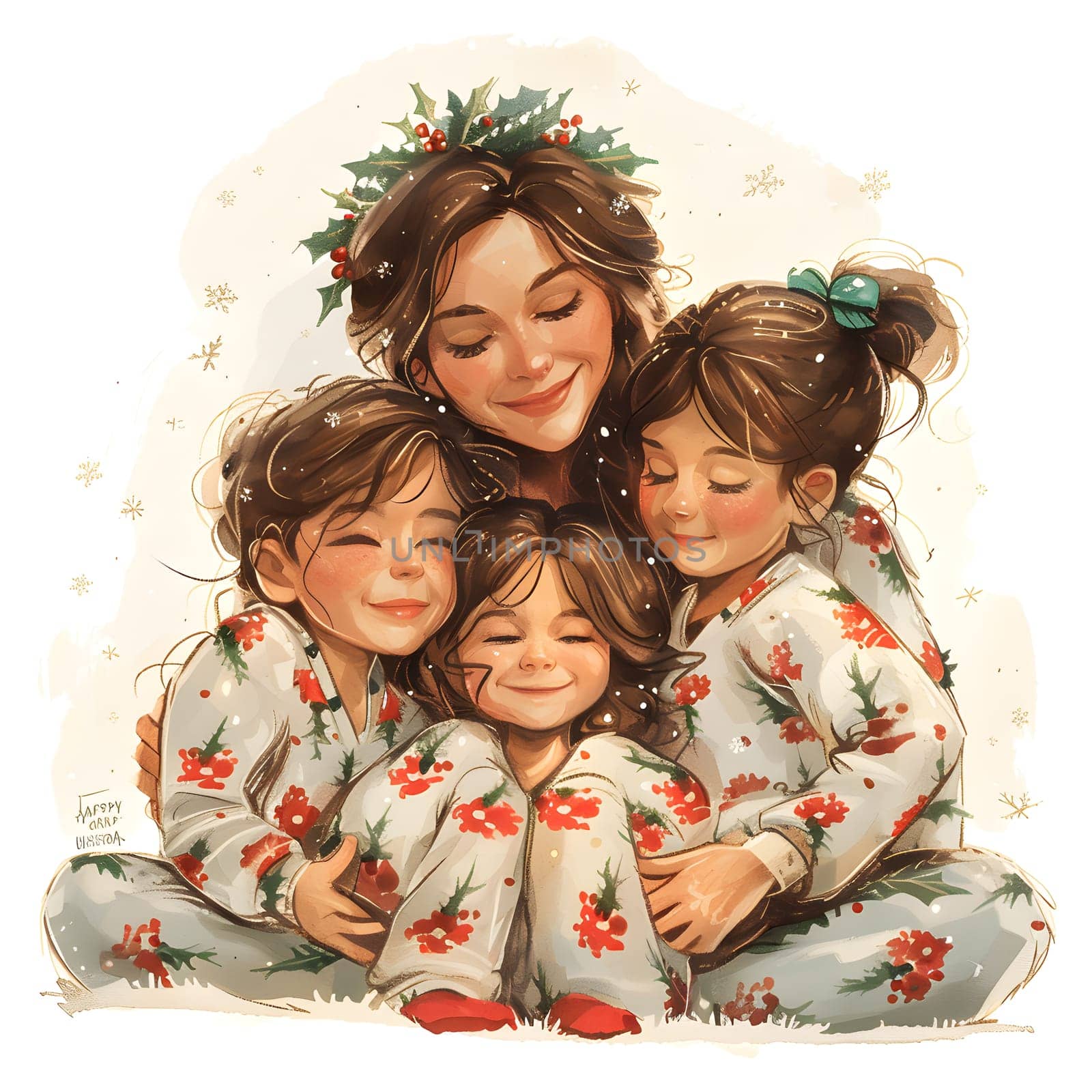 A happy woman in vintage Christmas pajamas smiles while hugging three children by Nadtochiy