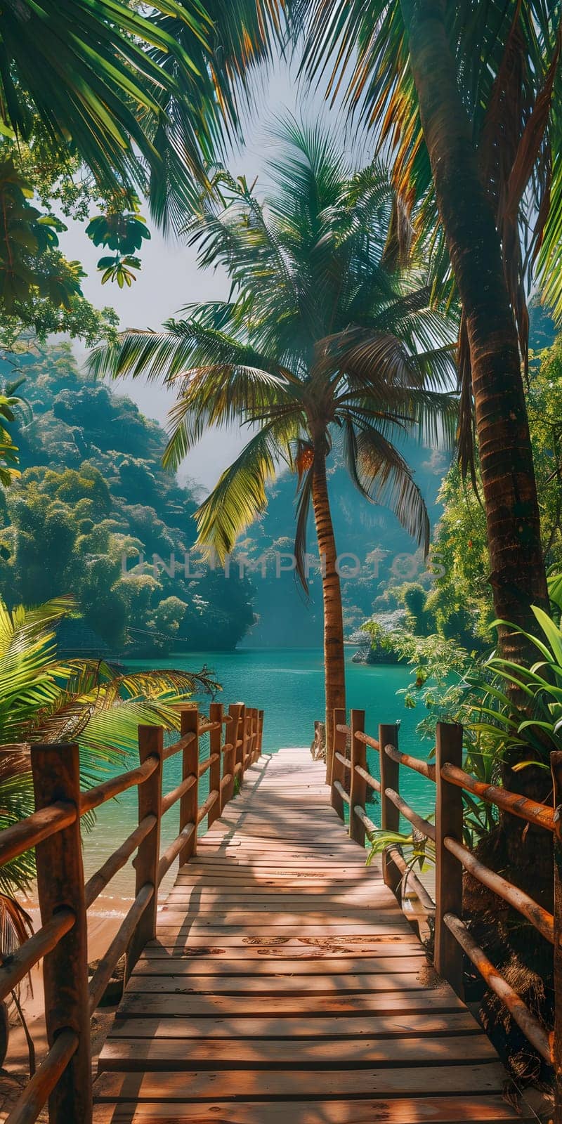 A wooden bridge stretches over the water to a tropical lake, fringed by palm trees and surrounded by a natural landscape of lush greenery