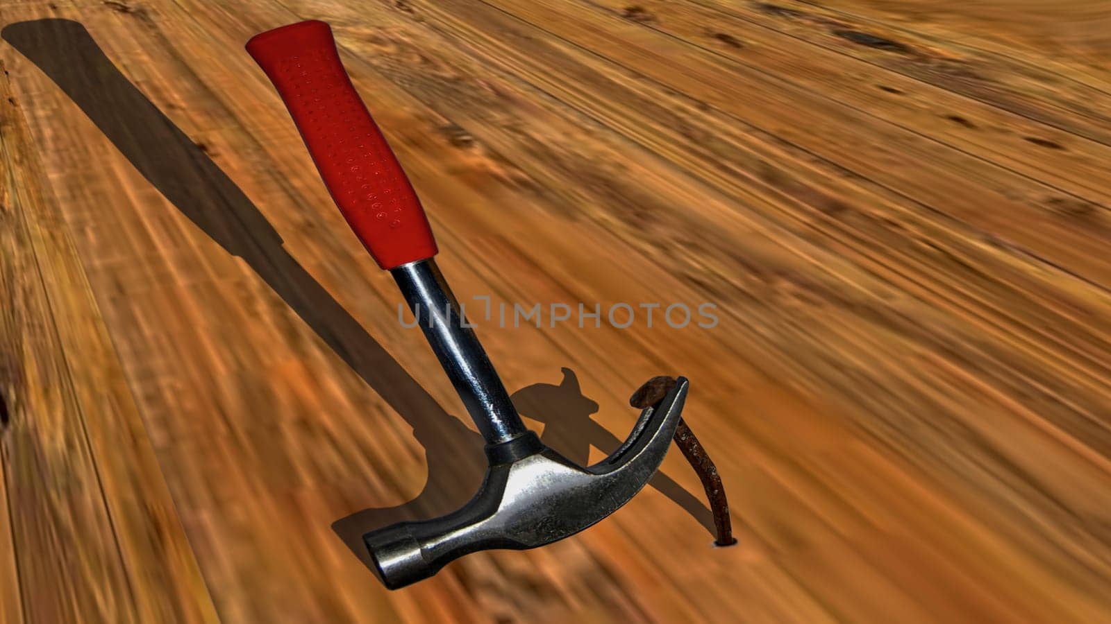 Hammer with nail puller on wooden floor. Hand tool.