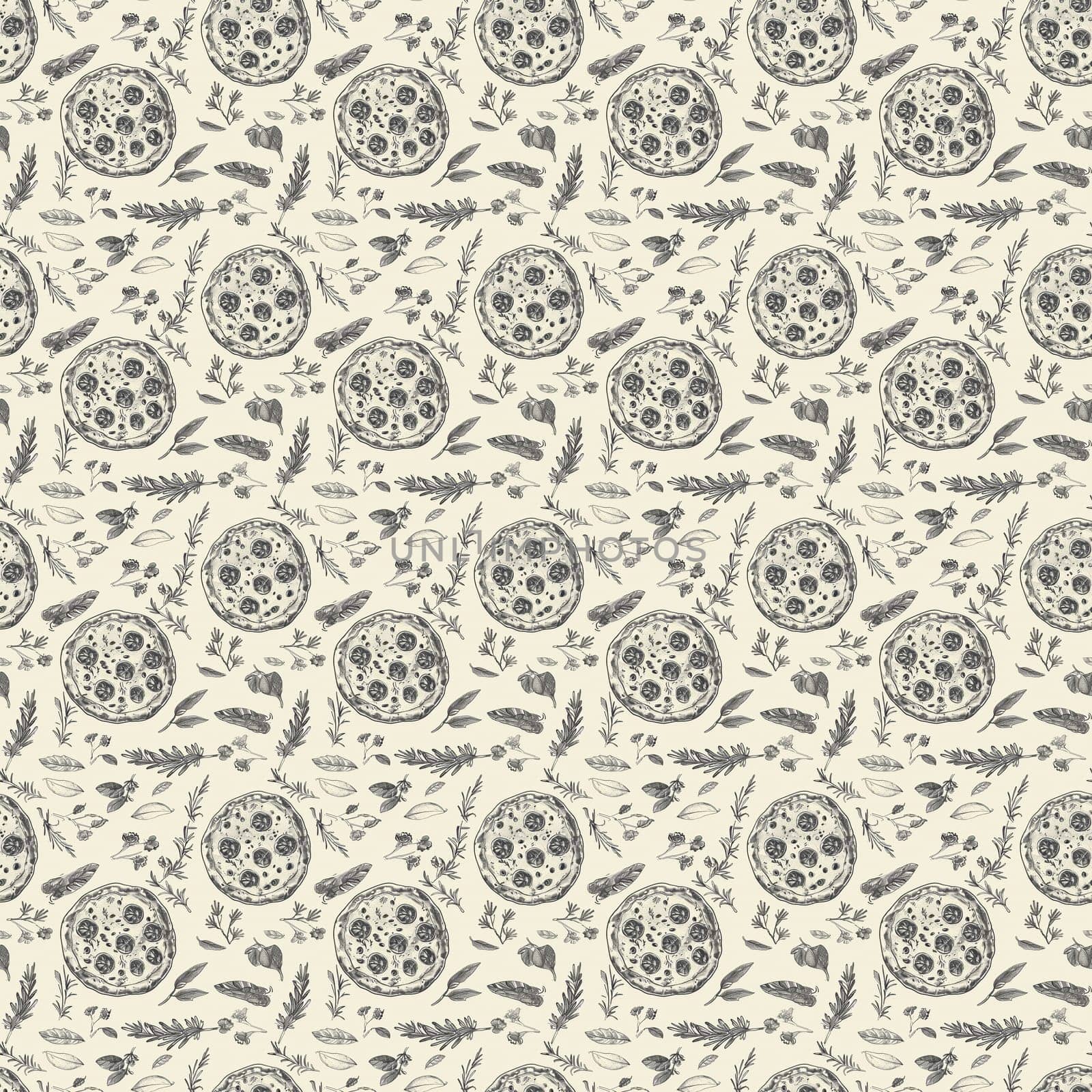 Seamless pattern with pizza, tomatoes, cheese, and herbs. Ideal for restaurant menus or food-themed backgrounds.