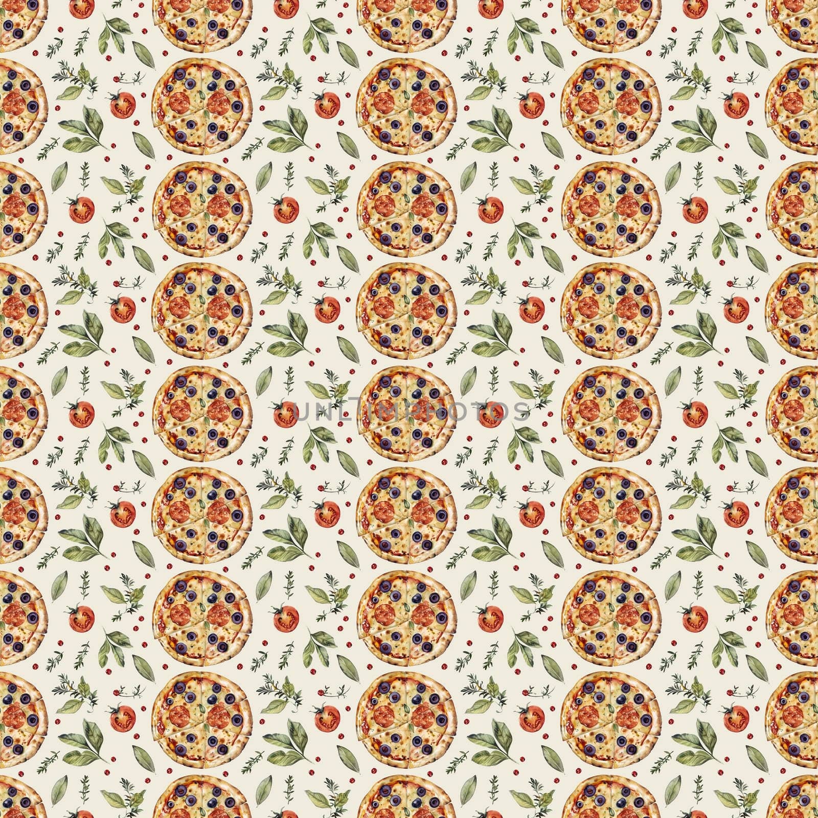 Seamless food pattern featuring whole pizzas, sliced tomatoes, and green basil leaves on light background, perfect for wallpaper or fabric design.