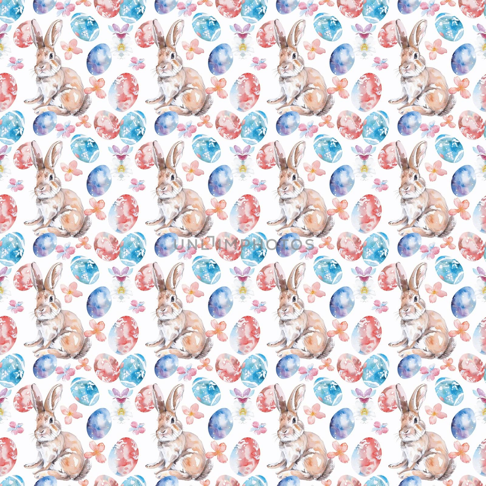 Colorful Easter pattern featuring painted bunnies, eggs, and spring flowers ideal for seasonal decorations and backgrounds.