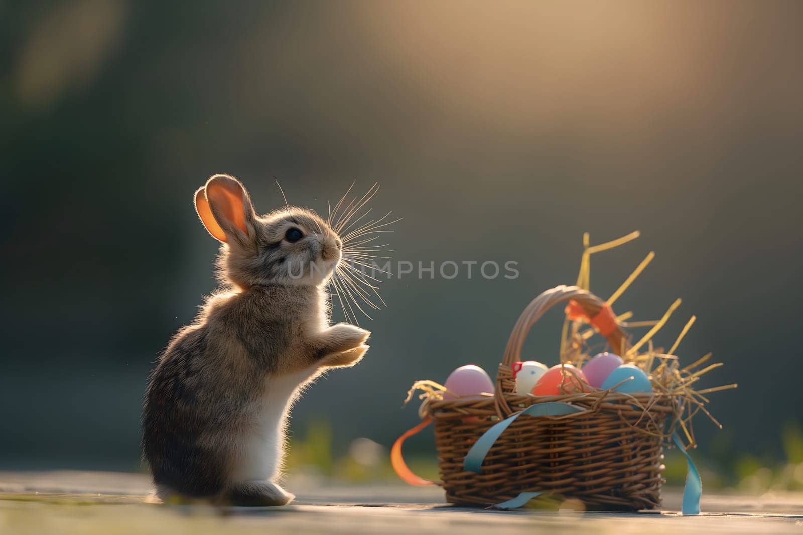 Adorable Easter bunny stands beside wicker basket filled with colorful eggs outdoors in warm sunlight, symbolizing spring and holiday celebrations.