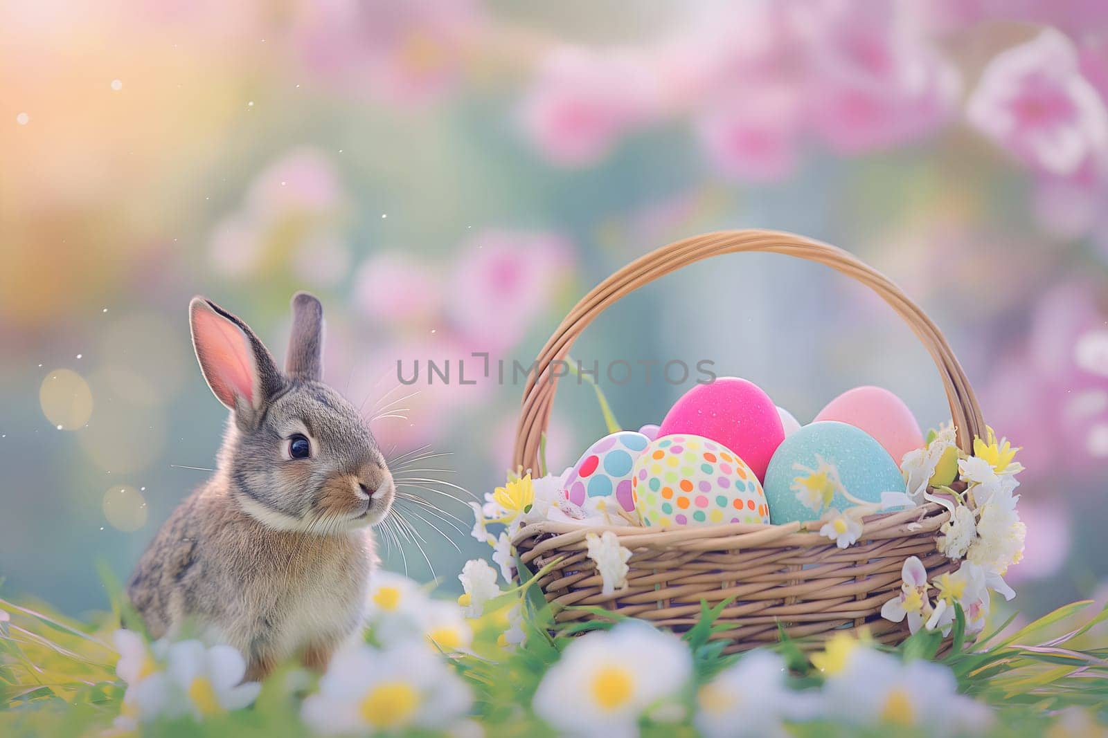 Adorable bunny sitting near basket filled with colorful Easter eggs surrounded by spring flowers and soft light