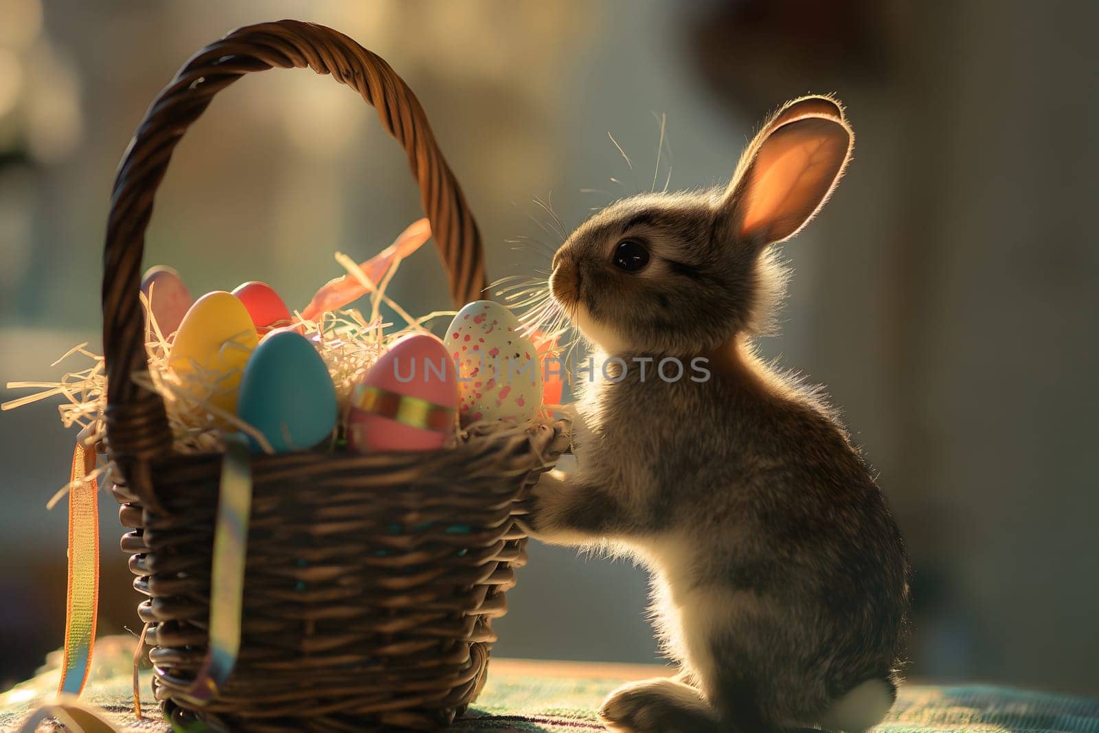 Adorable bunny beside wicker basket filled with colorful Easter eggs backlit by warm sunlight.