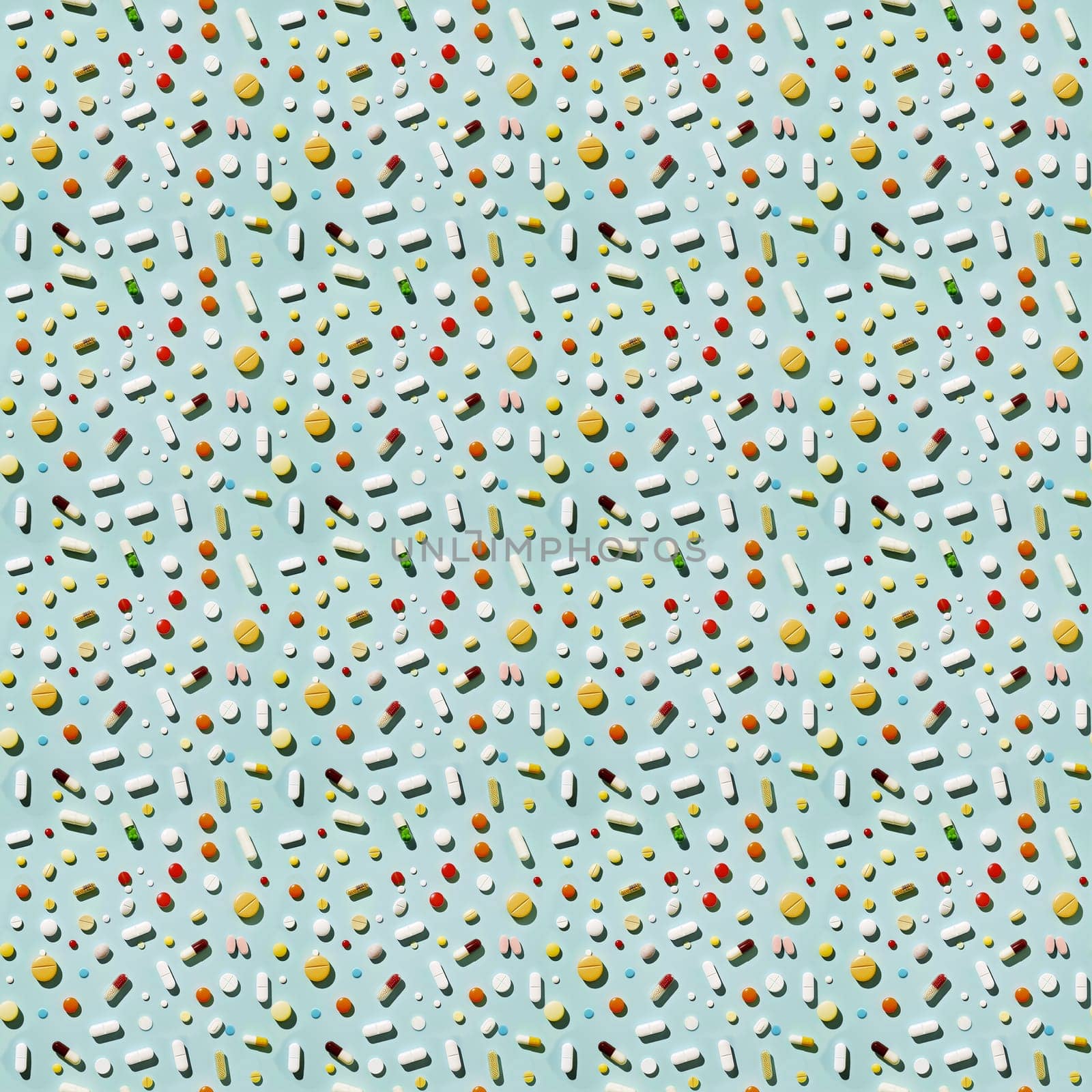 Seamless texture of assorted colorful pills and capsules on blue background for health and medicine concepts.