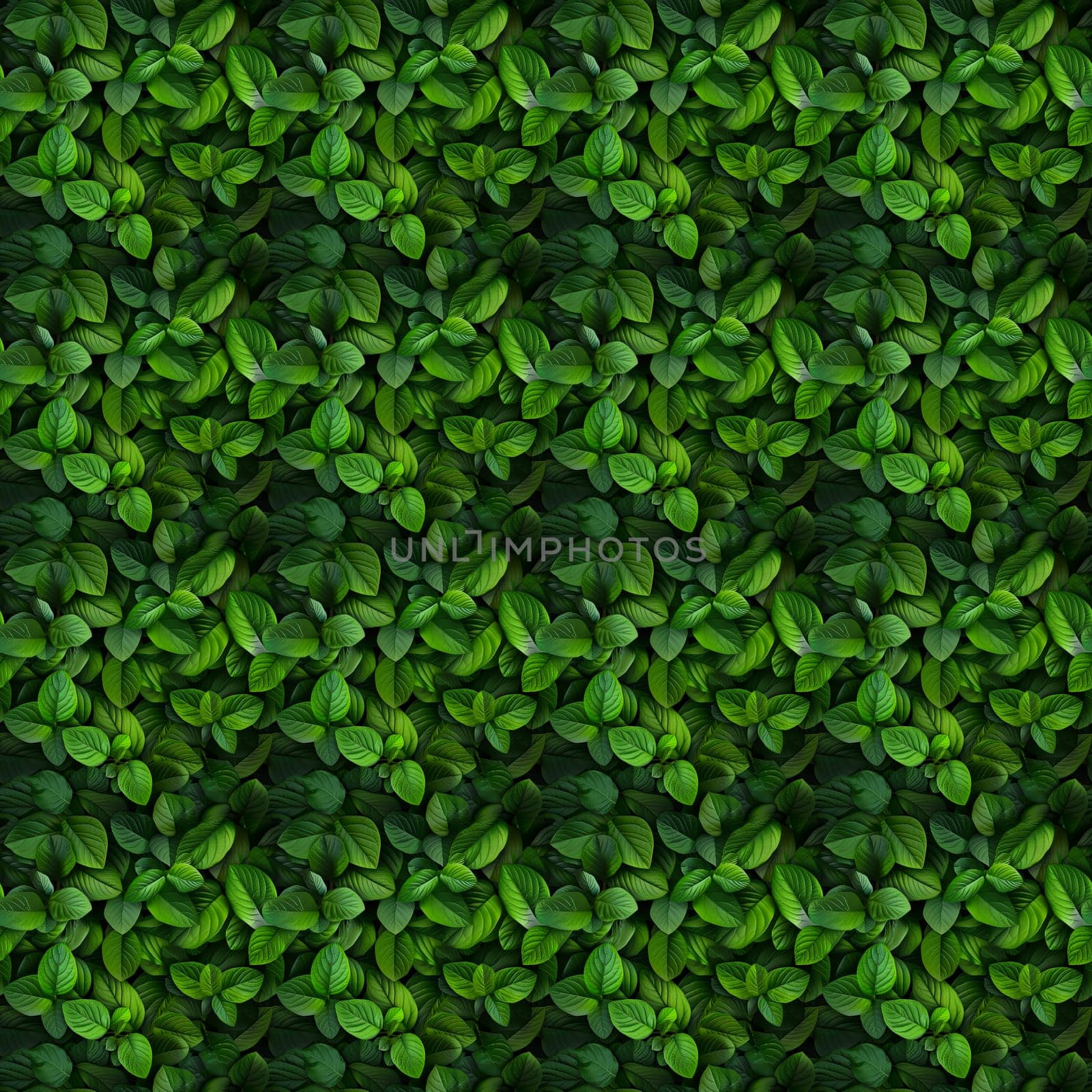Seamless texture of lush green leaves in full frame, perfect for nature-themed background or wallpaper.