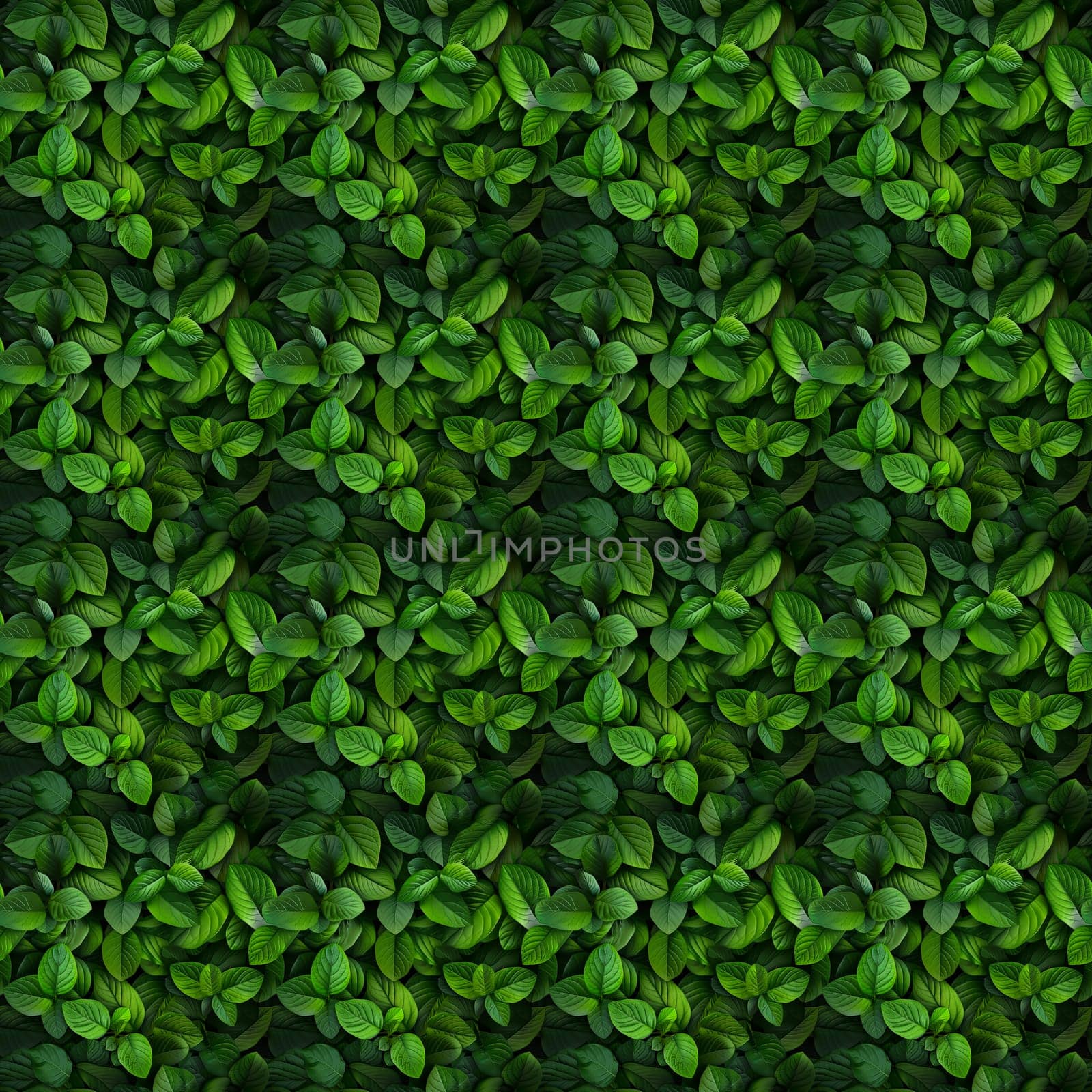 Seamless texture of lush green leaves in full frame, perfect for nature-themed background or wallpaper.