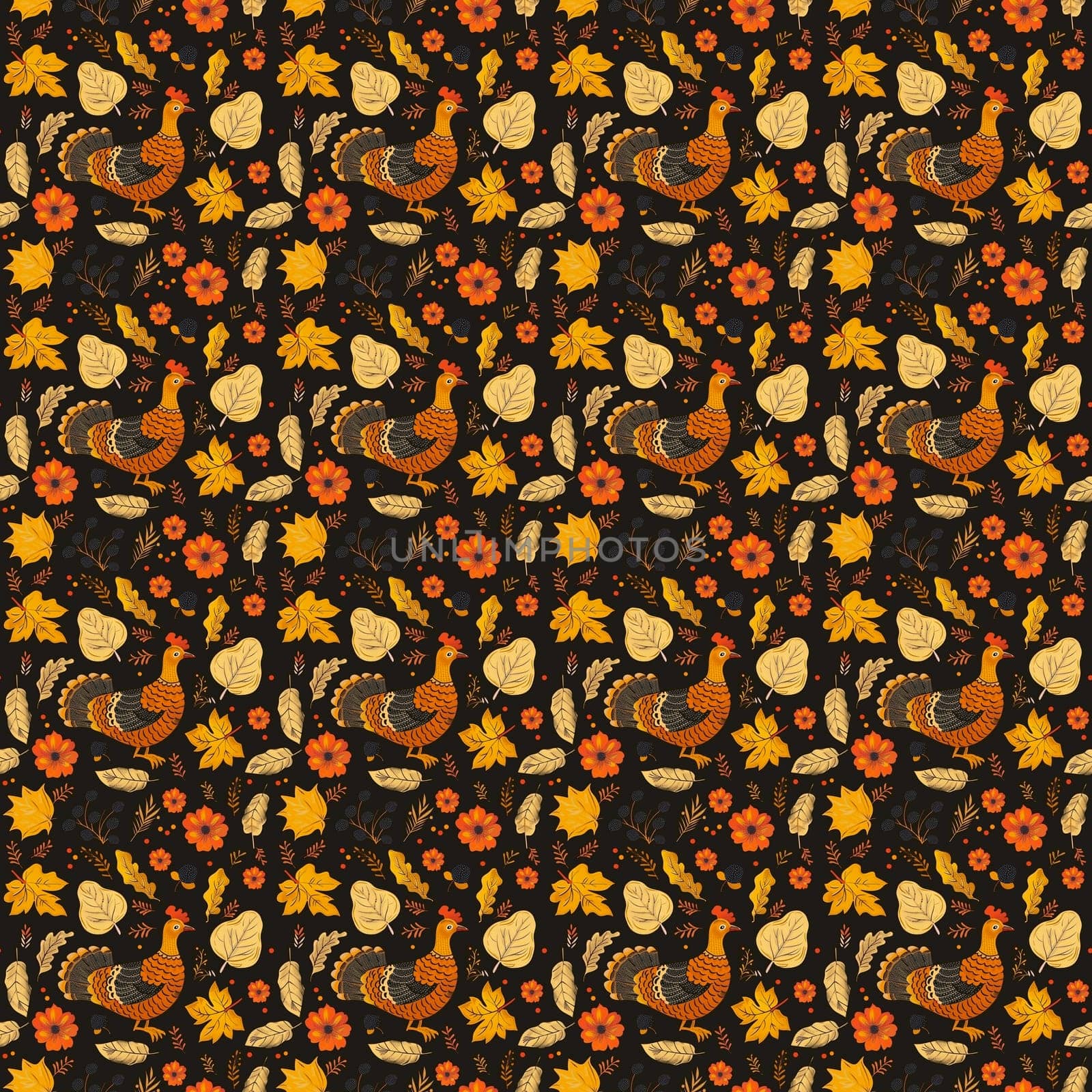 Seamless autumn design featuring colorful pheasants amidst vibrant fall leaves, perfect for seasonal decor and textiles.
