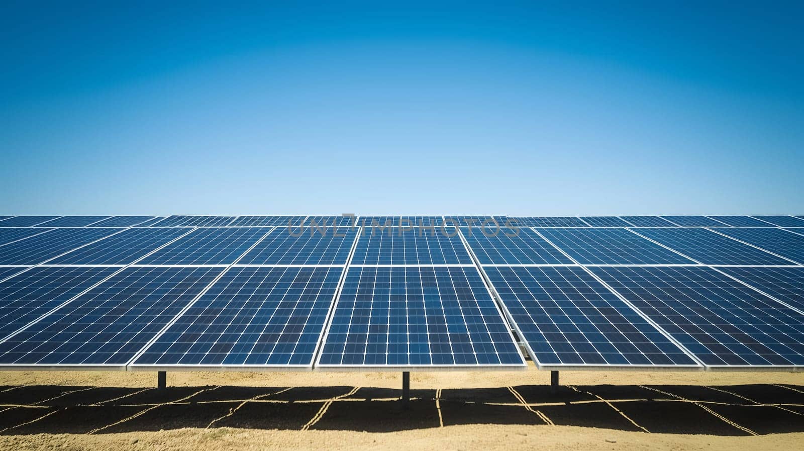 Endless row of solar panels under blue sky, symbolizing renewable energy, sustainability, and environmental conservation.