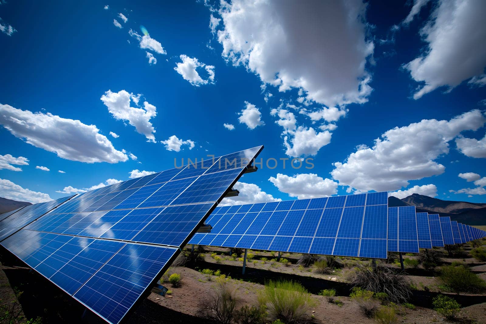 Solar panels stretch across arid landscape harnessing sustainable energy from sun beneath clear blue sky.