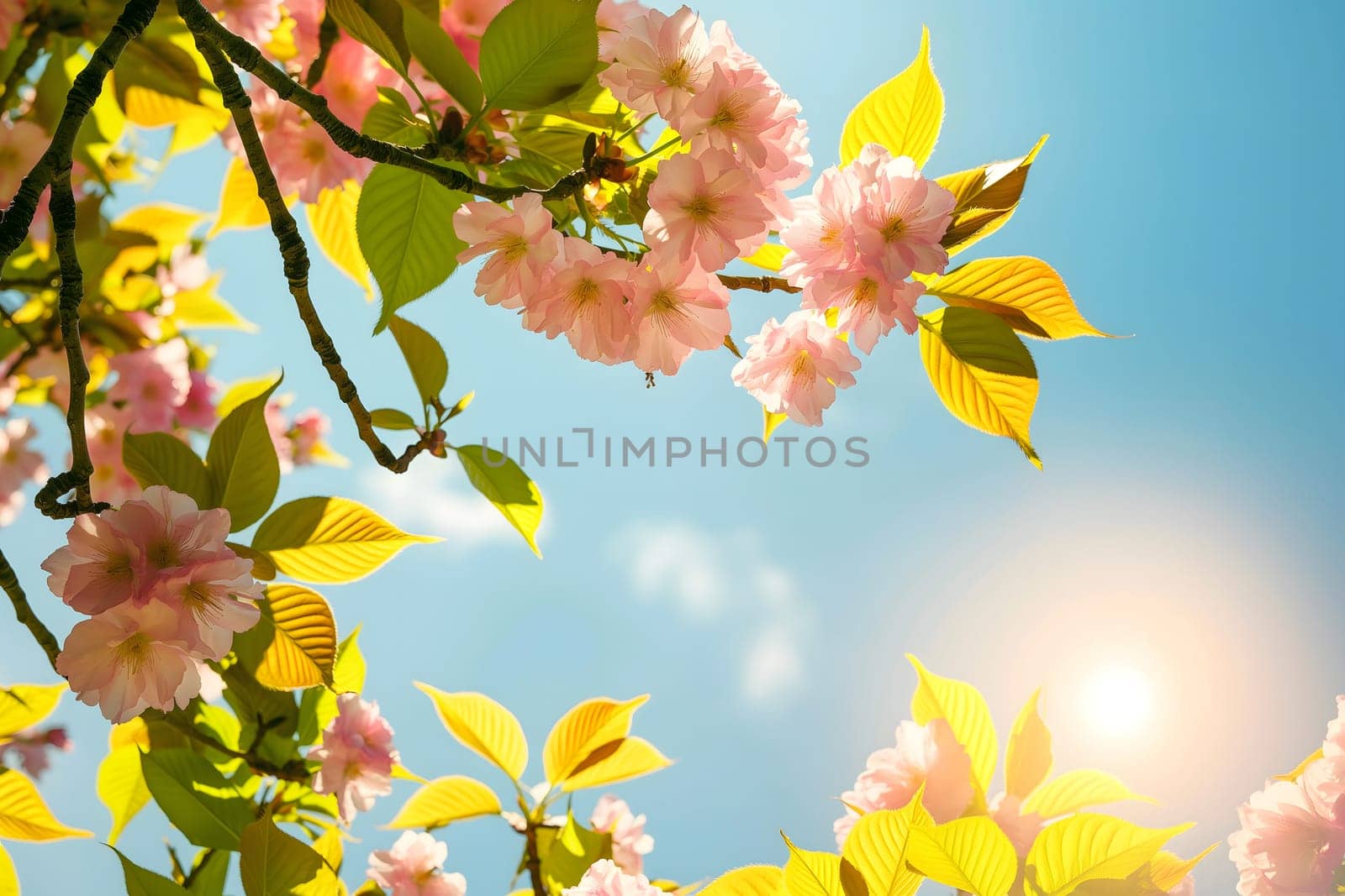 Vibrant cherry blossoms and fresh green leaves bask under warm sunlight against a clear blue sky, conveying renewal and nature's beauty.