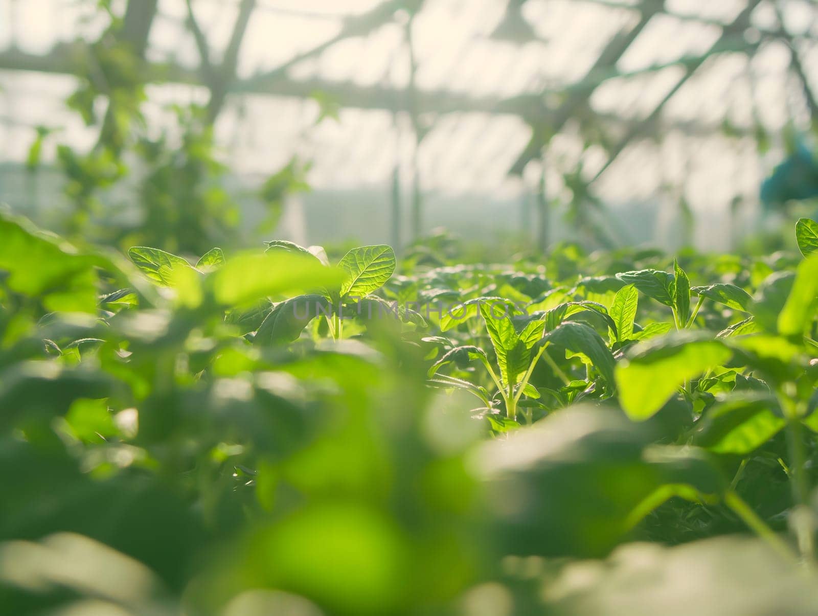 Bright sunlight streaming over young green plants in vibrant greenhouse, symbolizing growth, agriculture, and sustainability