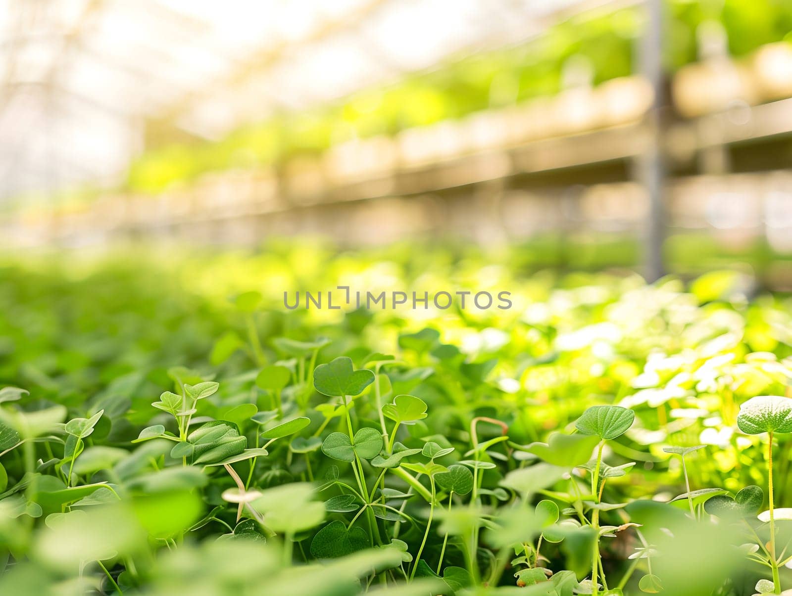 Sunlit greenhouse full of fresh green plants showcasing sustainable agriculture and modern farming practices