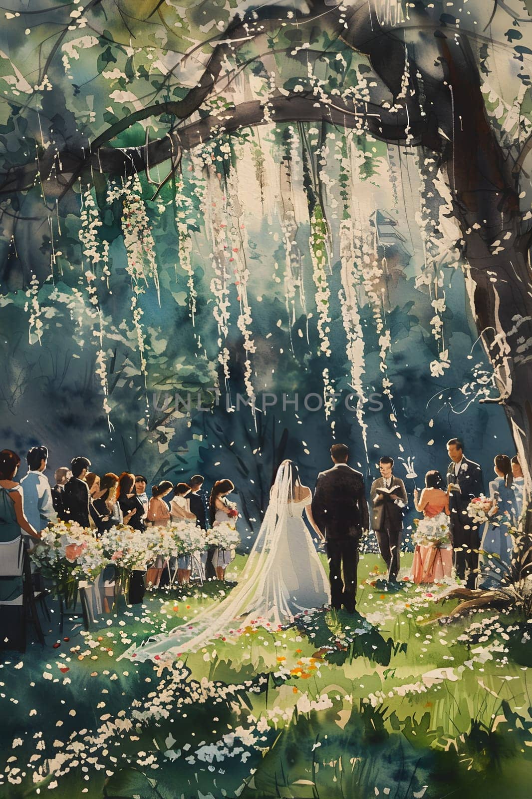 An art piece depicting a bride and groom walking down the aisle at their wedding, set against a natural landscape with flowing streams, lush greenery, and wooden trunks