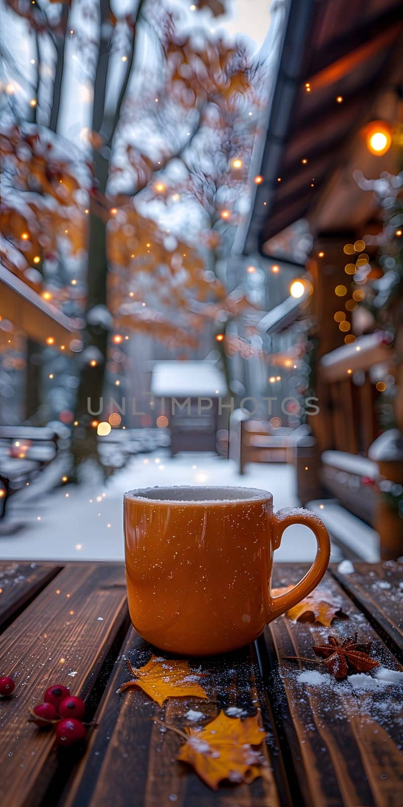 A coffee cup is placed on a wooden table, contrasting against the snowy background. The tableware provides a warm touch to the wintry scene