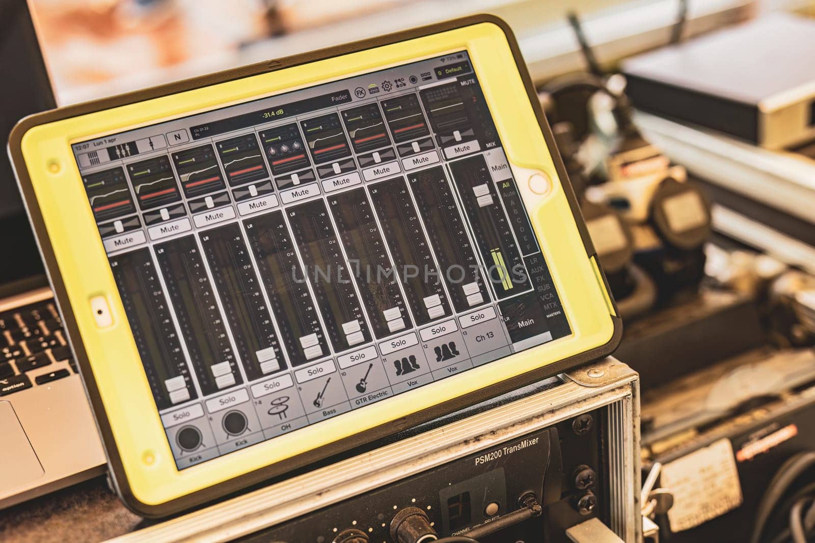 Milan, Italy 1 April 2024: A digital mixing console displayed on a tablet for sound engineering, showcasing modern music production tools.